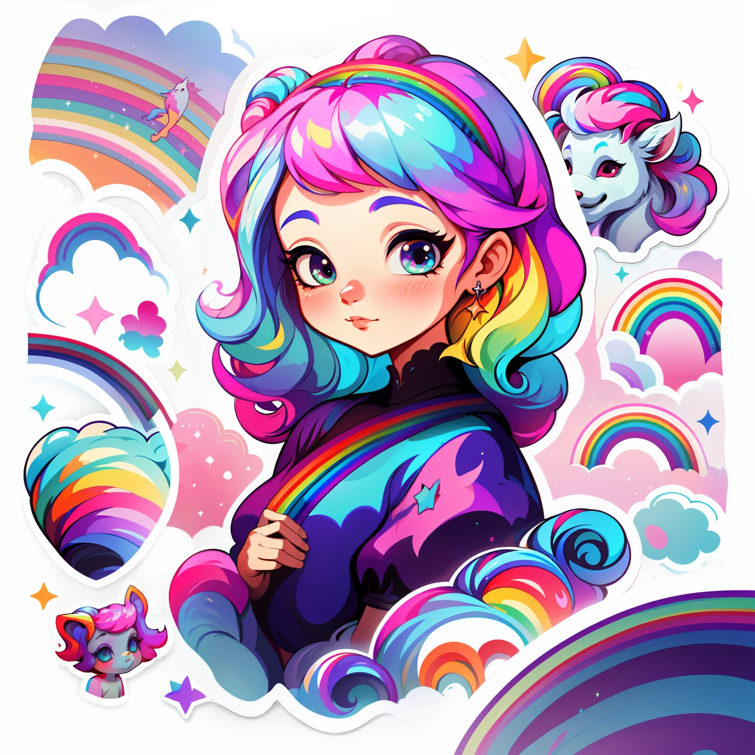 retrato, adesivo,1girl, fundo simples, com cabelo longo, Beautiful unicorn girl, unicorn aesthetics, Beautiful girl, arte de fantasia muito bonita, Beautiful and elegant female unicorn, bela fantasia detalhada, Colorful taste of the rainbow, rainbow color-theme