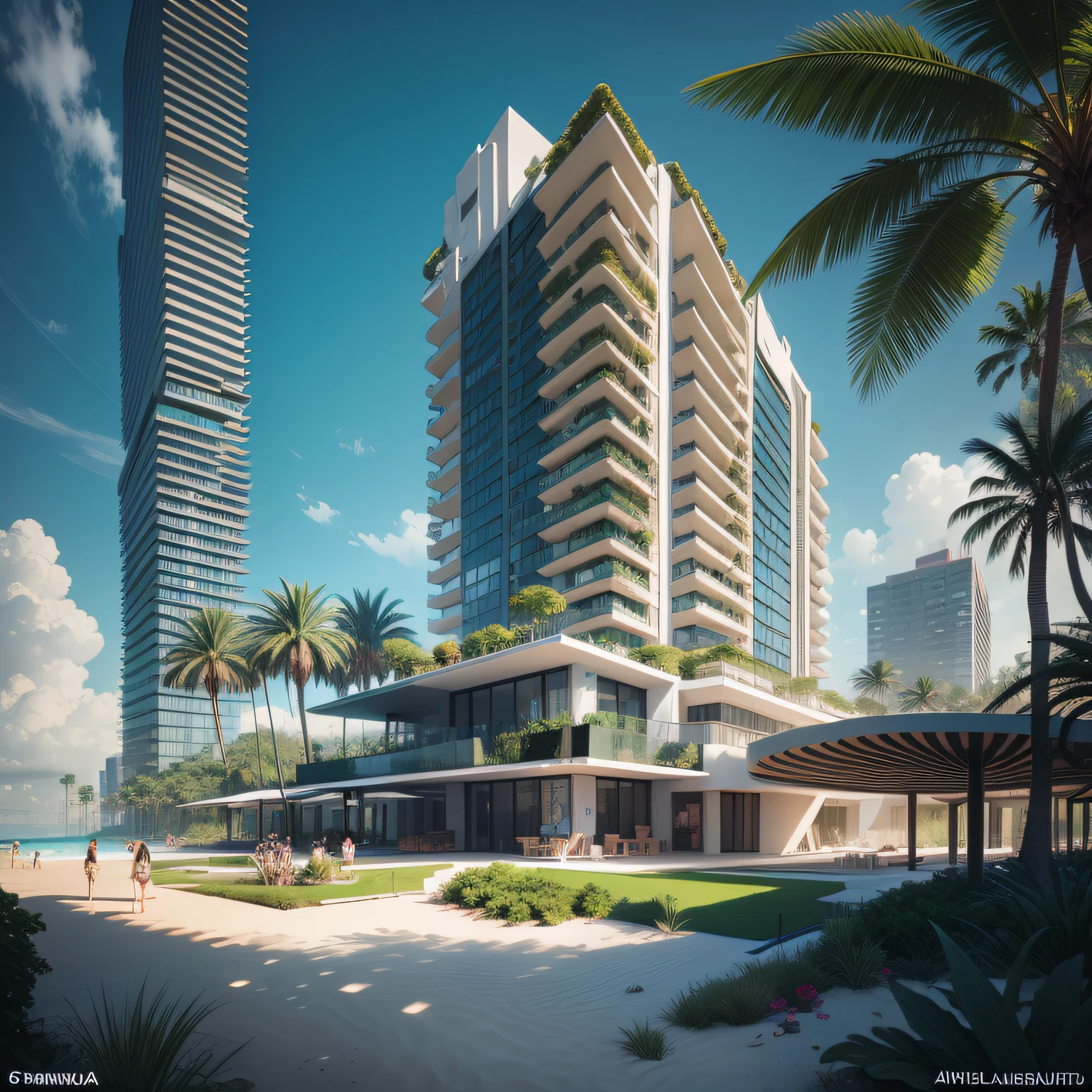 Grande hotel, Arquitetura futurista, building in the background, Building with grandevlawdo on the beach, Arquitetura moderna, grande piscina em frente ao hotel, restaurante interior com grandes fachadas em vidro, grandes candeeiros no interior, lots of vegetation around, hotel com 120 quartos, Arquitetura moderna, organic architecture, Geometria luxuosa, hiper-realista, Fantastic 8K architecture, UHD — AR 16: