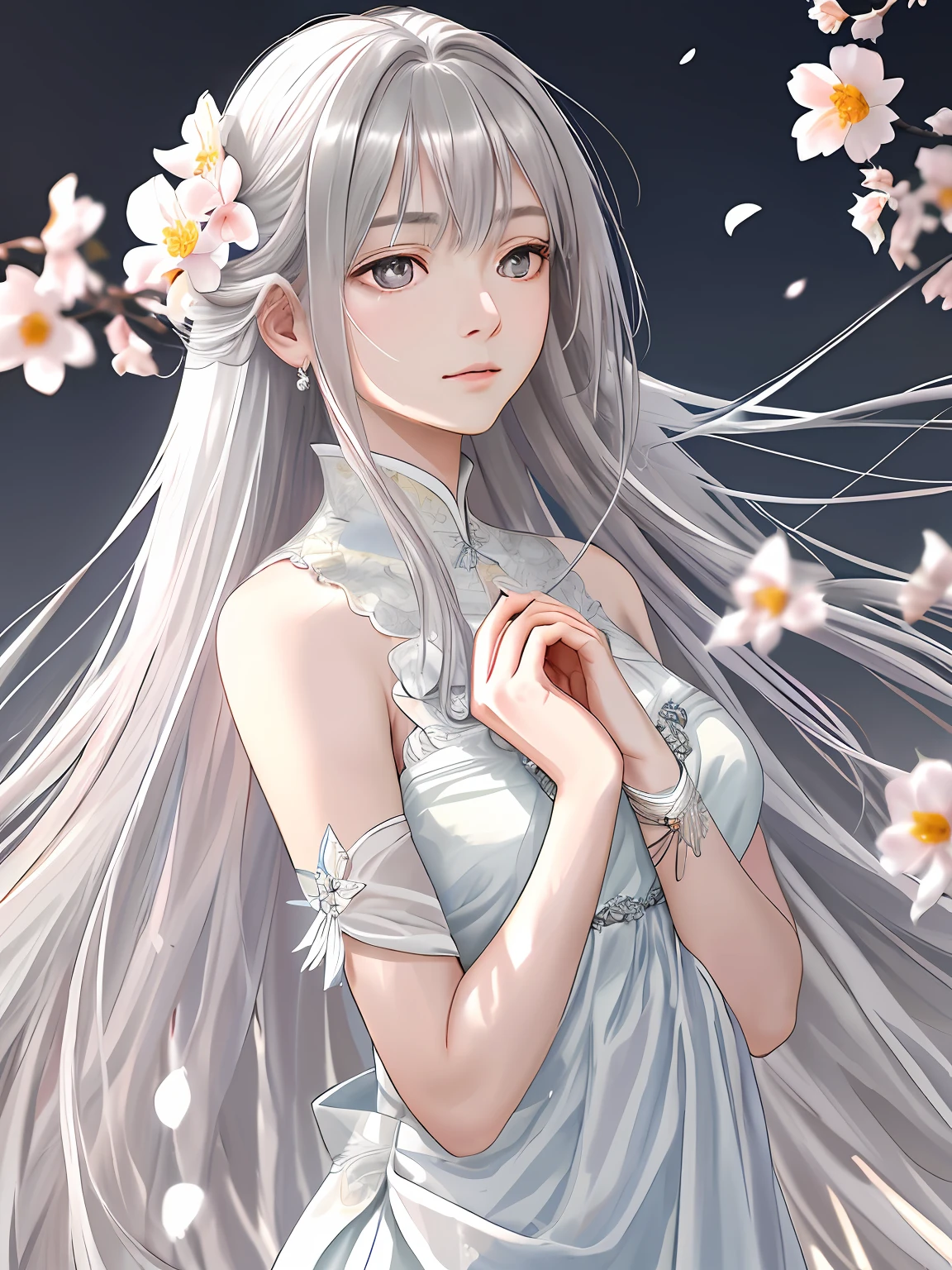 🎨Model: Kizuki - Anime / Hentai Checkpoint
🌸Prompts: (masterpiece, high resolution, realistic portrait:1.3), an anime woman with an ethereal presence, portraying a serene sisterly figure, (long silver-white hair:1.2), cascading down her back, (light pink lips:1.1), gentle and calm, bangs elegantly framing her face, (gray pupils:1.4), radiating a sense of wisdom, standing in a cold wind, (realistic portrayal:1.1), delicate petals dancing in the air, (flower background:1.2), adding a touch of beauty and fragility, (calm and rational expression:1.1), portraying her composed nature, (delicate and serene face:1.2), capturing her tranquility, mid-shot focusing on her delicate features, (subtle wind-blown strands of hair:1.1), (background music:1.2), evoking a sense of calmness and introspection.