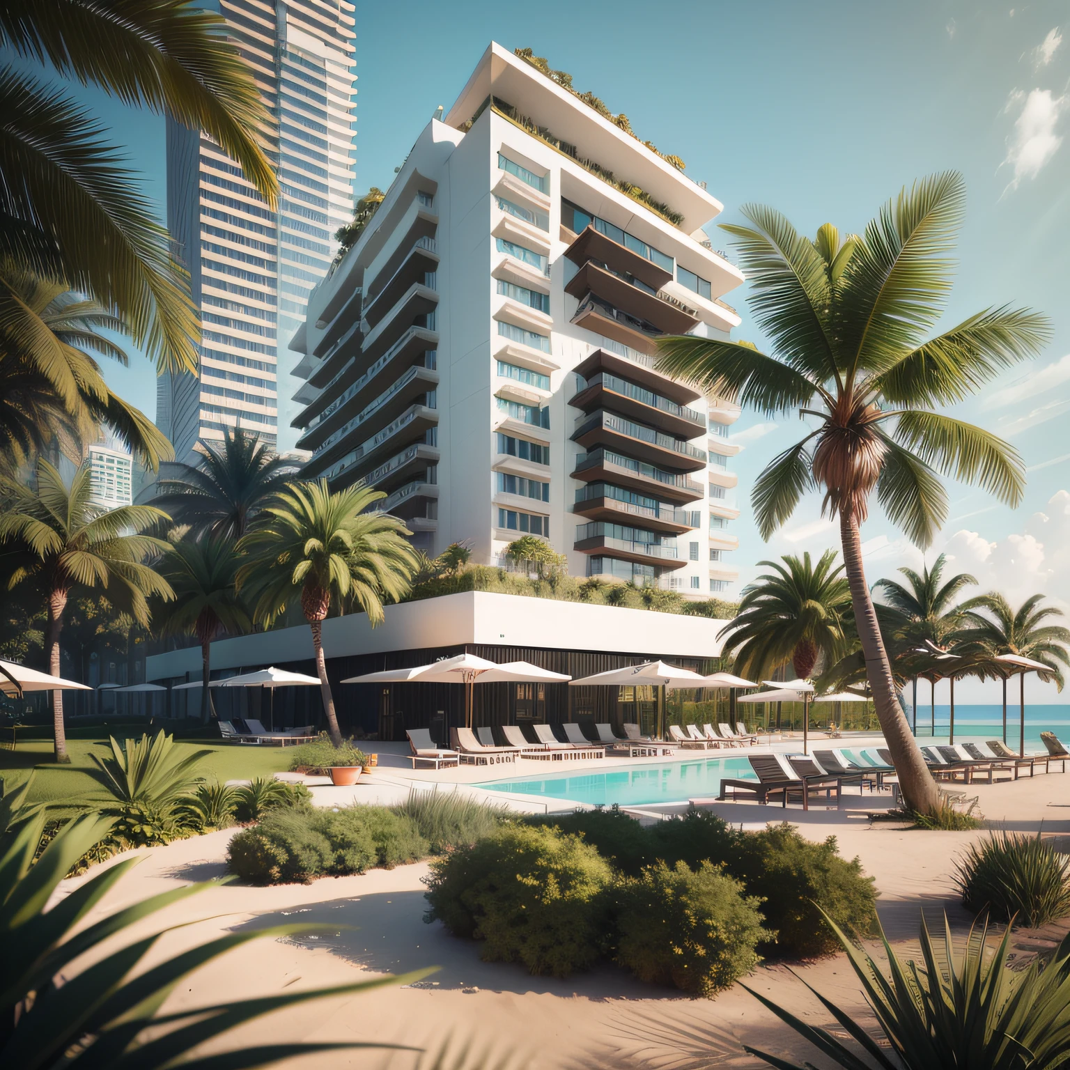 Grande hotel, Arquitetura futurista, building in the background, Building with grandevlawdo on the beach, Arquitetura moderna, grande piscina em frente ao hotel, restaurante interior com grandes fachadas em vidro, grandes candeeiros no interior, lots of vegetation around, hotel com 120 quartos, Arquitetura moderna, organic architecture, Geometria luxuosa, hiper-realista, Fantastic 8K architecture, UHD — AR 16: