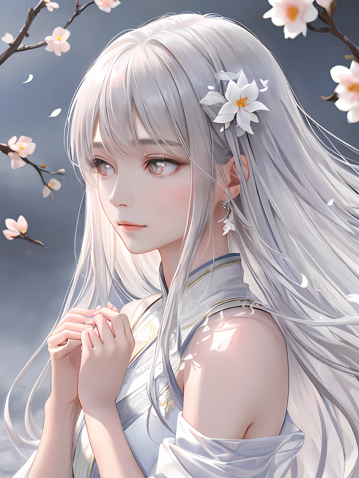 🎨Model: Kizuki - Anime / Hentai Checkpoint
🌸Prompts: (masterpiece, high resolution, realistic portrait:1.3), an anime woman with an ethereal presence, portraying a serene sisterly figure, (long silver-white hair:1.2), cascading down her back, (light pink lips:1.1), gentle and calm, bangs elegantly framing her face, (gray pupils:1.4), radiating a sense of wisdom, standing in a cold wind, (realistic portrayal:1.1), delicate petals dancing in the air, (flower background:1.2), adding a touch of beauty and fragility, (calm and rational expression:1.1), portraying her composed nature, (delicate and serene face:1.2), capturing her tranquility, mid-shot focusing on her delicate features, (subtle wind-blown strands of hair:1.1), (background music:1.2), evoking a sense of calmness and introspection.