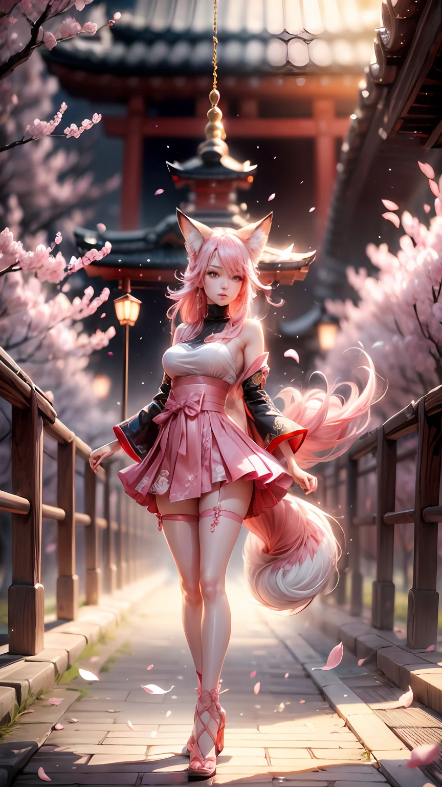 Best quality, hyper-high detail, very high res, Extremely detailed CG, 真实感，absurd res，fox ear，Huge colorful fox tail， 8K,Colorful, A 20-year-old nine-tailed fox girl,japanaese girl，Light turtleneck shirt，Detailed clothing patterns，tiese，(full body:1.3),Solo,Perfect body shape,(long leges:1.3)， Faraway view，high-heels，(Black eyes), (Pink hair to shoulders), Extremely long pink diamond hair floating, blueribbon, Beautiful eyes,(Pink clothes:1.3),Wet clothes, Short pink skirt, detailed and beatiful face and eyes, ((Shiny skin)), Shiny hair, (detailed and beautiful shiny clothes, Temple，holy rays，japan temple，the cherry trees，Cherry blossoms flying，(dynamicposes:1.3)，low perspective，