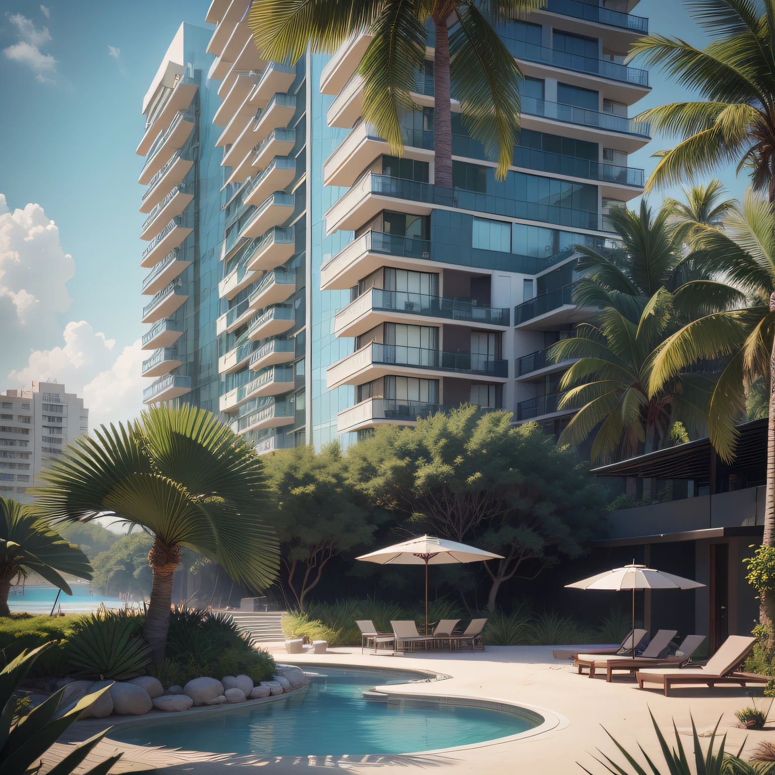 Grande hotel, Arquitetura futurista, building in the background, Building with grandevlawdo on the beach, Arquitetura moderna, grande piscina em frente ao hotel, restaurante interior com grandes fachadas em vidro, grandes candeeiros no interior, lots of vegetation around, hotel com 120 quartos, Arquitetura moderna, organic architecture, Geometria luxuosa, hiper-realista, Fantastic 8K architecture, UHD — AR 16: