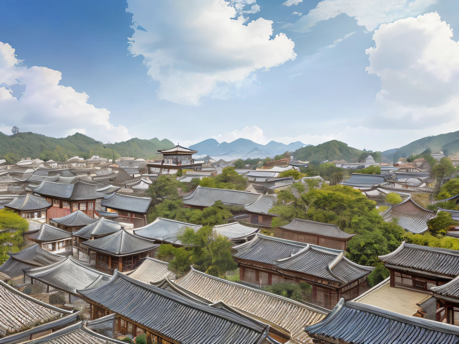 masterpiece, best quality, bonian, shukezouma, fantastic composition, old chinese town, many building, beauty sky detail