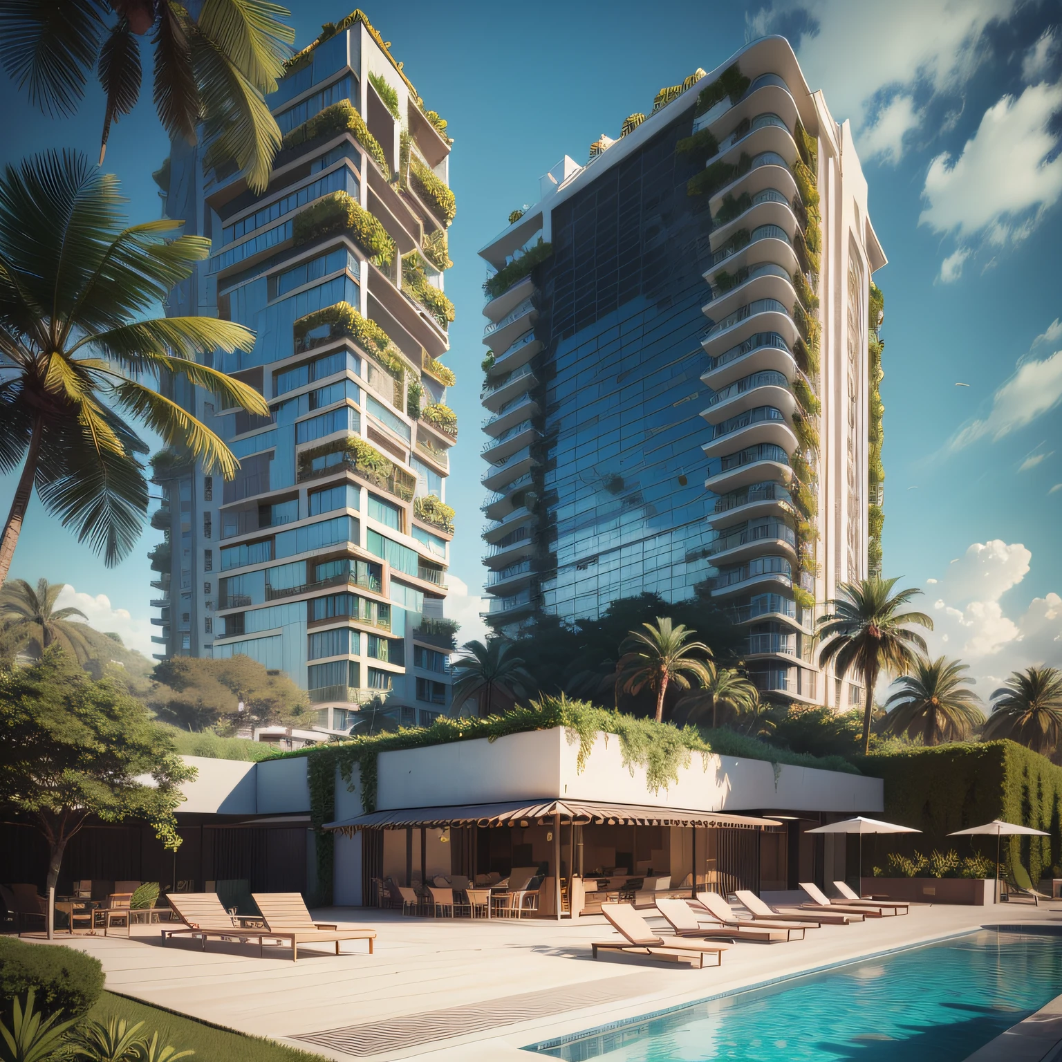 Grande hotel, Arquitetura futurista, building in the background, Building with grandevlawdo on the beach, Arquitetura moderna, grande piscina em frente ao hotel, restaurante interior com grandes fachadas em vidro, grandes candeeiros no interior, lots of vegetation around, hotel  com 120 quartos, Arquitetura moderna, organic architecture, Geometria luxuosa, hiper-realista, Fantastic 8K architecture, UHD — AR 16: