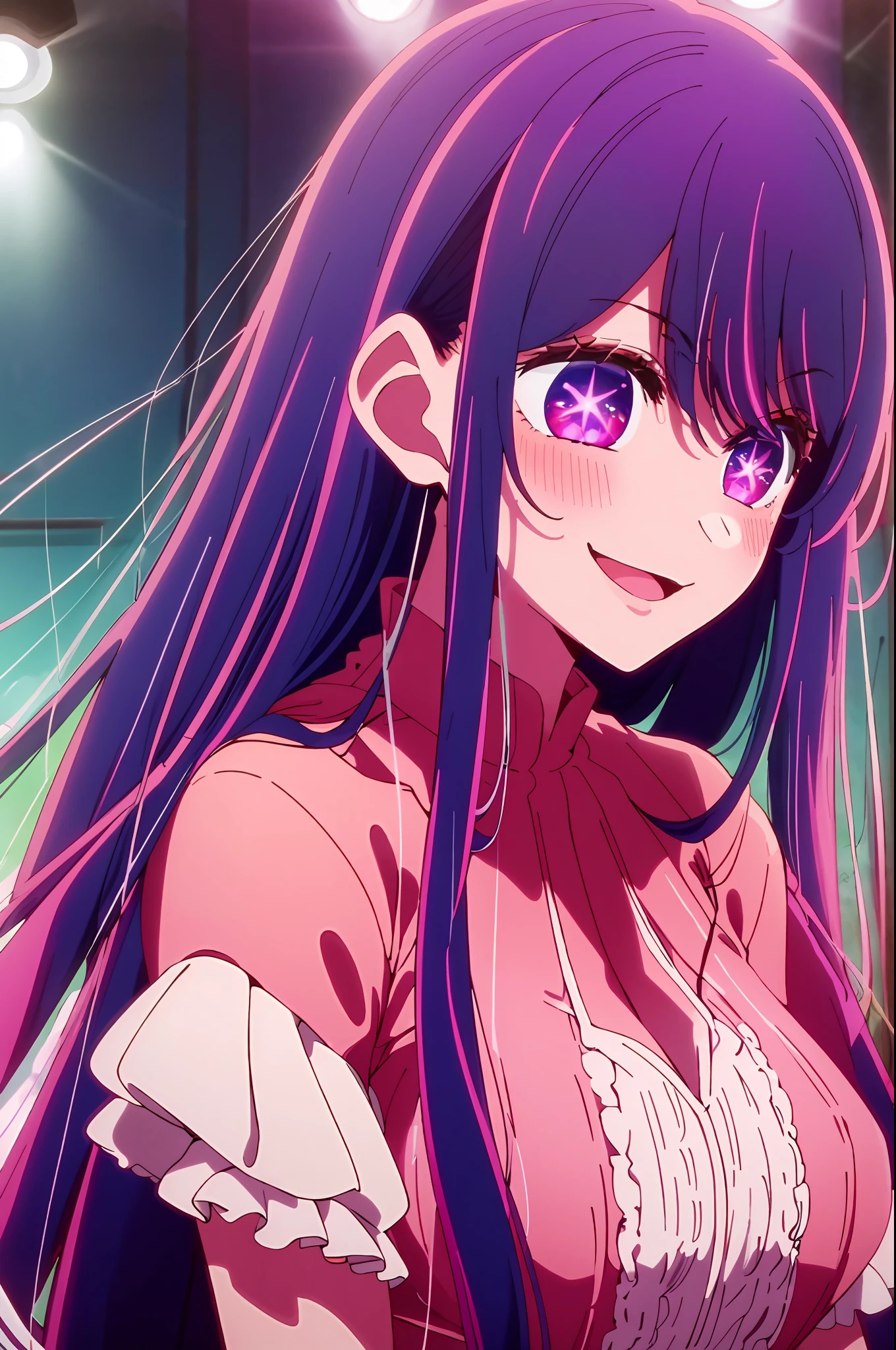 ​masterpiece、ighly detailed、(1 girl in:1.2)、purple color  hair、pink  dress、big eye、a closeup、a smile、8K 、Ai Hoshino、Live performance venue