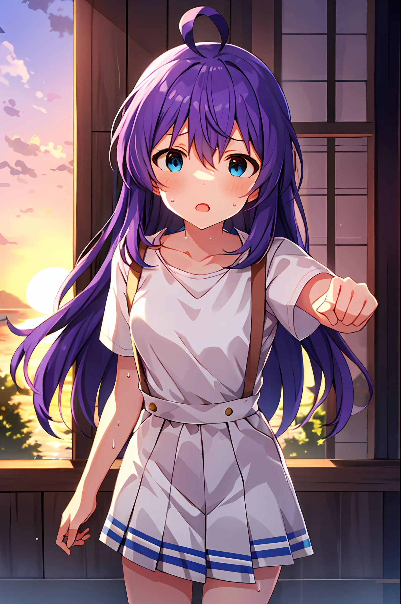 mochizuki anna,1girl in,Solo,Long hair,Purple hair,Medium chest.Ahoge,Blue eyes.Short stature.white t-shirts.suspenders.Skirt.Evening glow.the setting sun.Despair face.Sweat.Opening Mouth.up chest.fighting stance.