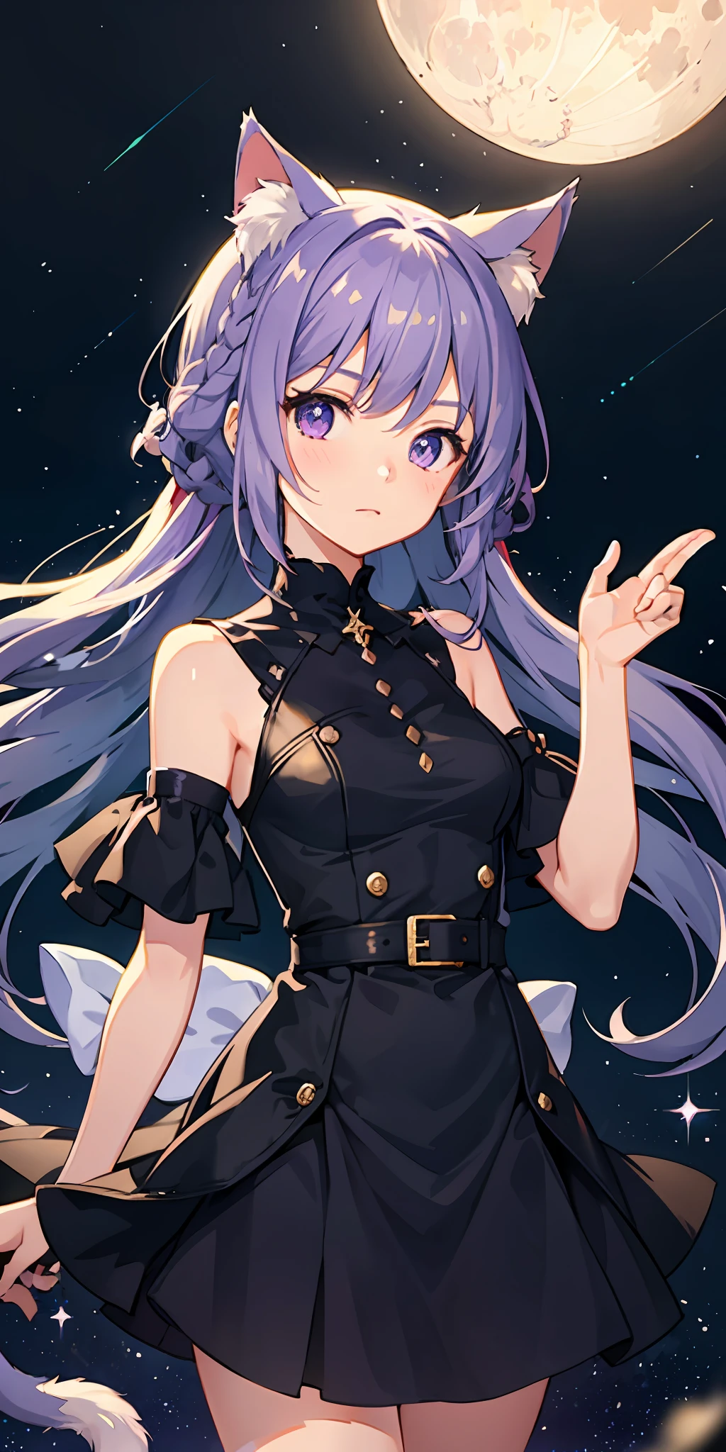 1girl in、Purple hair、Cat's ears、deadpan、Night town、Particles of light、Shining starry sky、yuki、a moon