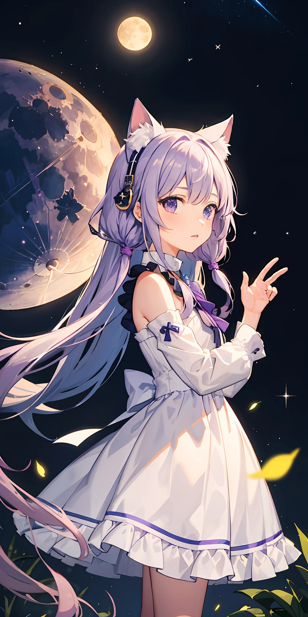 1girl in、Purple hair、Cat's ears、deadpan、Night town、Particles of light、Shining starry sky、yuki、a moon
