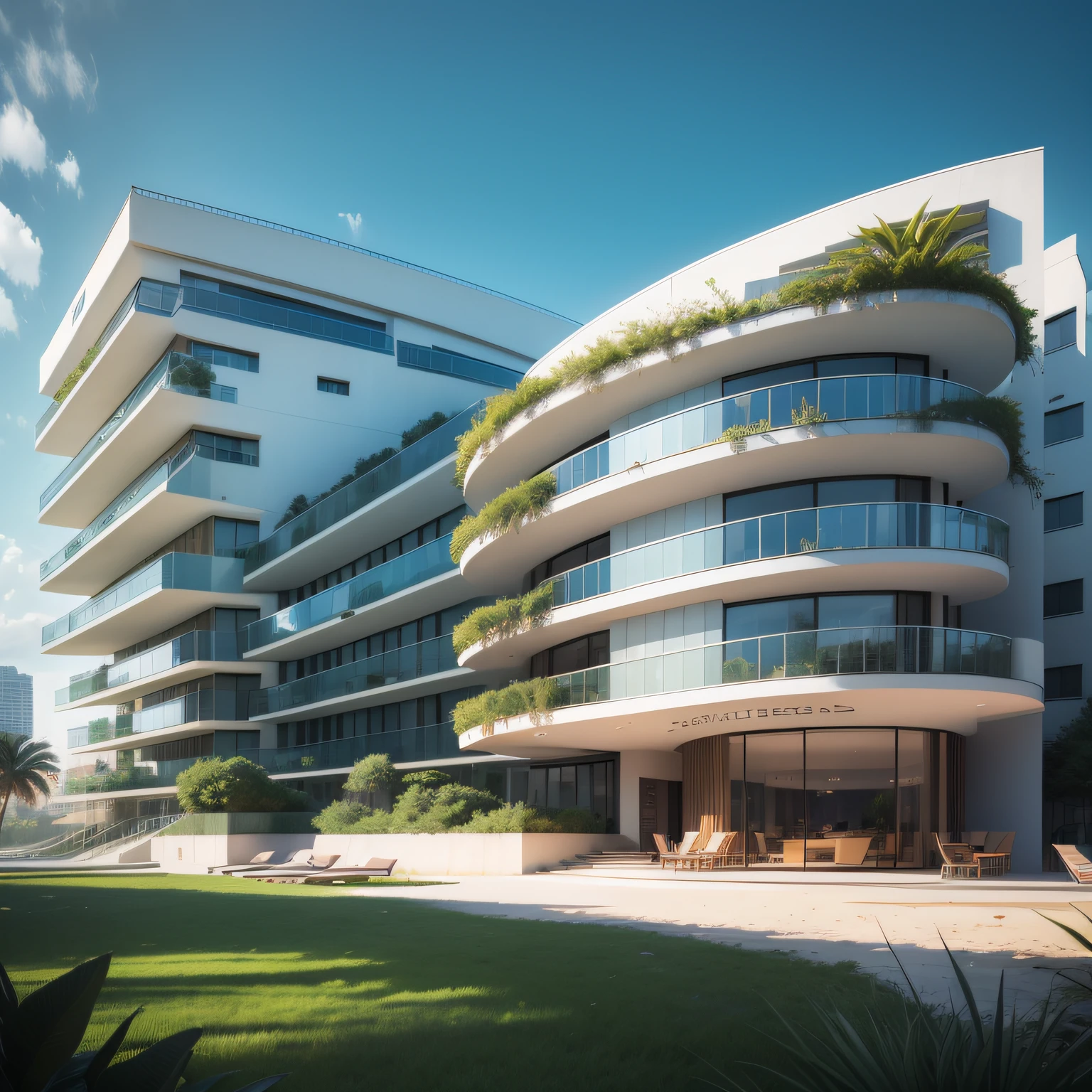 Grande hotel, Arquitetura futurista, building in the background, Building with grandevlawdo on the beach, Arquitetura moderna, grande piscina em frente ao hotel, restaurante interior com grandes fachadas em vidro, grandes candeeiros no interior, lots of vegetation around, hotel  com 120 quartos, Arquitetura moderna, organic architecture, Geometria luxuosa, hiper-realista, Fantastic 8K architecture, UHD — AR 16: