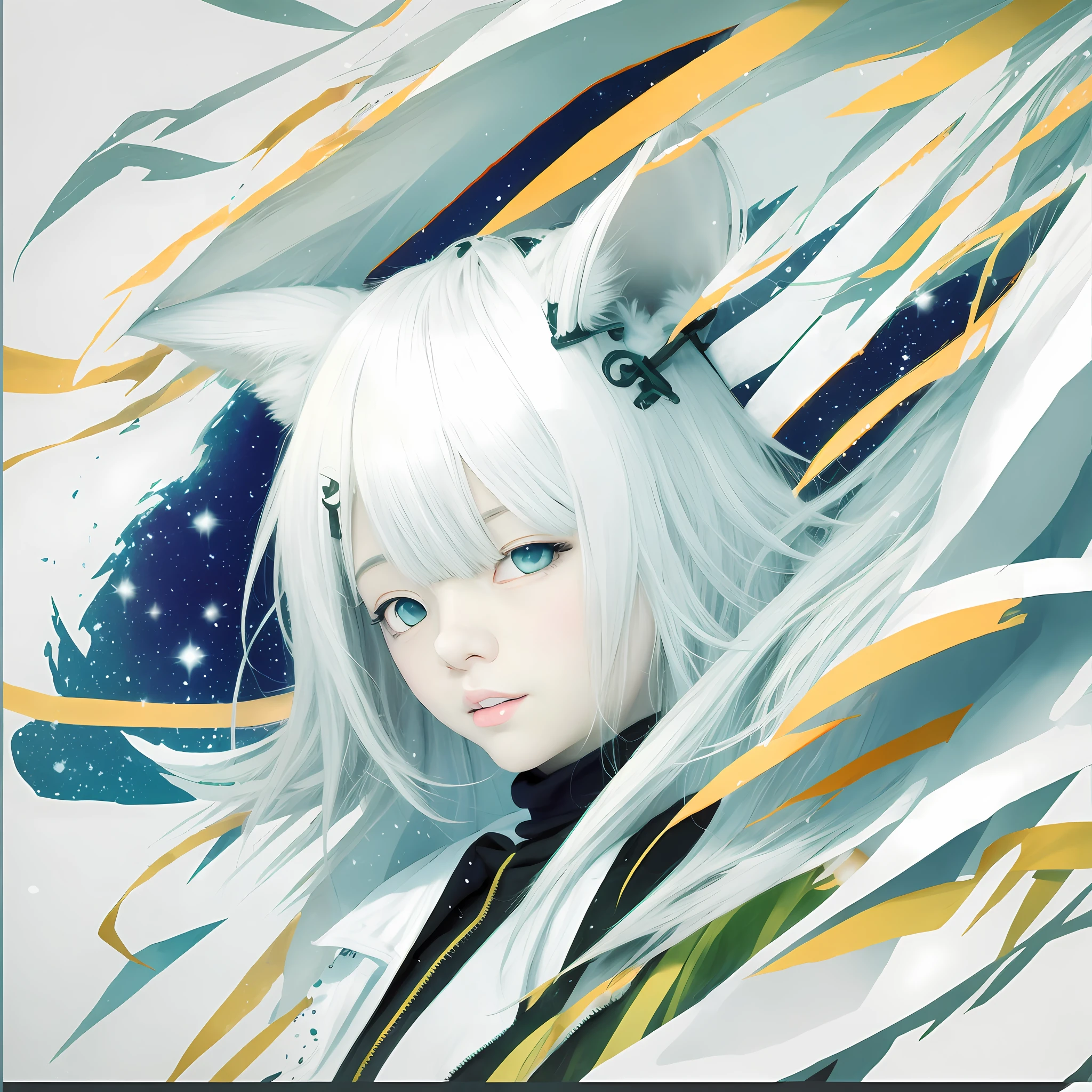 Anime characters with white hair and blue eyes on blue and green background, White-haired fox, White Cat Girl, anime catgirl, white-haired god, neferpitou, white haired Cangcang, Anime style portrait, an anime portrait of cirno, beautiful anime catgirl, anime moe art style, In anime style, anime girl with cat ears, Anime style illustration