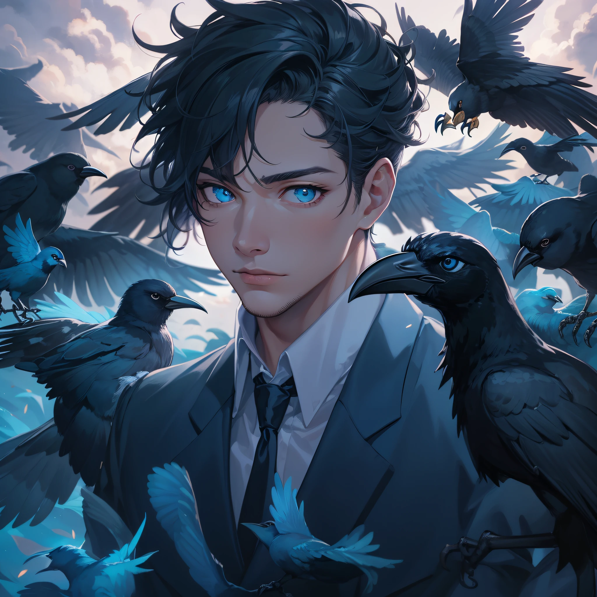 man, light skin, blue tones, blue eyes, crow on shoulder, black hair, short hair, focus on face, clothing, black suit, blue details, high quality image, focus on face, background birds in the sky, night, magic