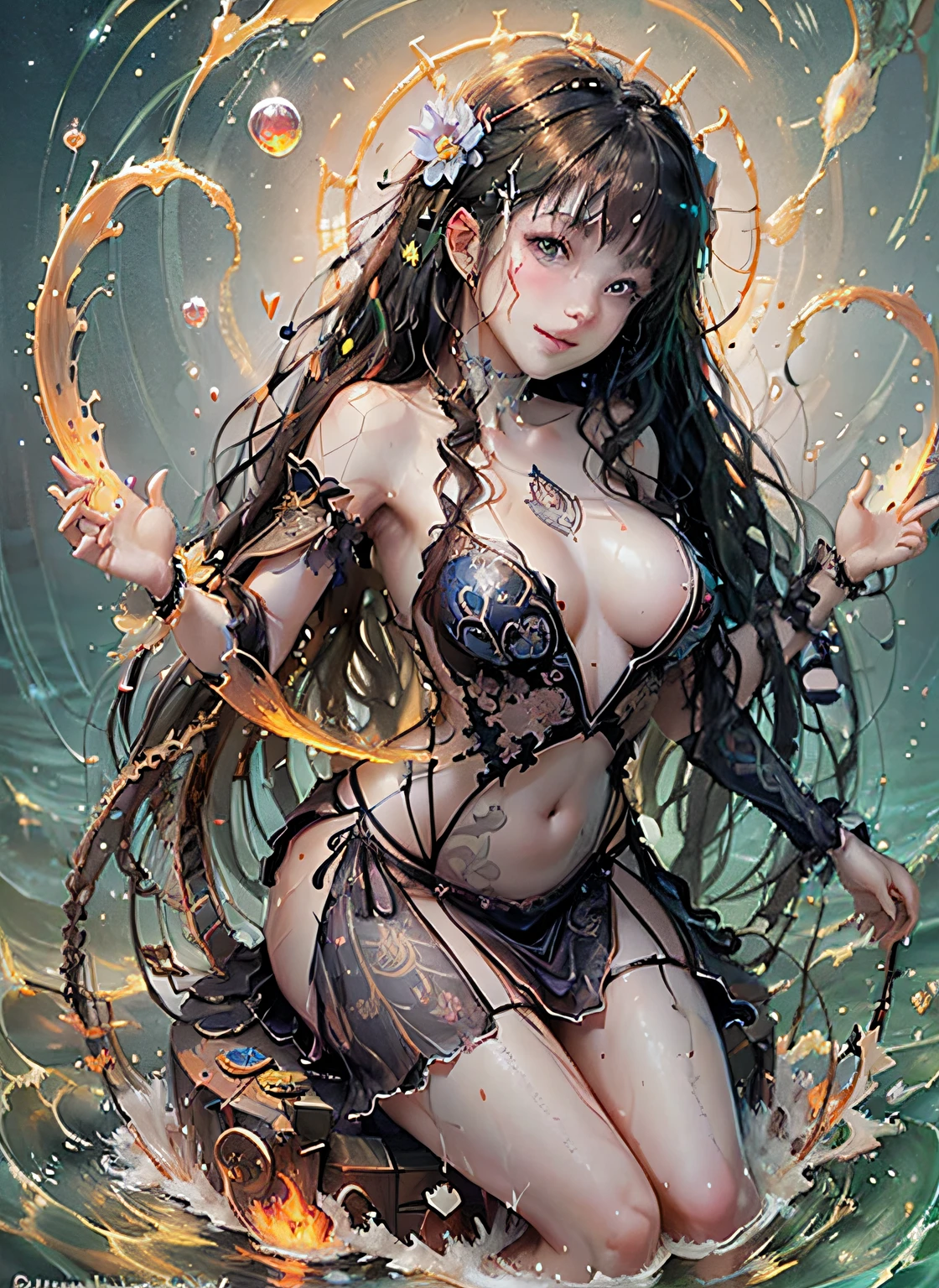 open legs, view of pubic hair,Goddess maiden, gorgeous, splashing, flame, flowing pen and ink,full female body, beautiful caucasian girl close-up, body in dynamic movement, oil, digital art, splash, full body, Ray-traced sunset rendering, shimmery water, light rays, billowing clouds, light reflections, vibrant colors, detailed, glitch art, water, 8k, oil painting, art by Sakimichan, Daniel Gerhartz, mixed digital painting technique, digital painting, super smooth , fluid, 3d fractals, light particles, spirit ink, smooth, shimmery, dreamy glow, 16k, sf, complex art masterpiece, sinister, matte movie poster, golden ratio, cgsociety trend, intricate, epic, artstation trend, highly detailed, vibrant, production cinematic character renderings by artgerm, H.R. Giger and Beksinsky Ultra Quality Model, cloudy night sky storm, sunset red clouds storm cloudy, rough sea, psychedelic waves, skin and clothes wet with water, drops of water, floating bubbles, magical lights, fantasy, filigree, cloudy night sky storm, sunset red clouds storm cloudy, rough sea, psychedelic waves, splash,Sakimichan style art, oriental mandala tattoo, fractal background, silver and gold and bronze spirit, natural skin moistened with water, slight smile, view from below, perfect golden eyes, long curly black hair, floating antique clock, lamp ancient, splash,seductive pose, visible pubic hair, breasts visible,full body, black hair, Transparent clothing, slight smile,, open legs, view of pubic hair, 1 sexy girl in transparent forest clothes,exposed breasts, open transparent t-shirt,mandala and flower tattoos, La mejor calidad, view from below, small breasts in sight, Jean-Baptiste Monge style, bright, beautiful , splash, Glittering , cute and adorable, filigree, , rim lighting, lights, extremely , magic, surreal, fantasy, digital art, , wlop, artgerm and james jean,floating antique clock, lamp ancient, splash,floating antique clock,