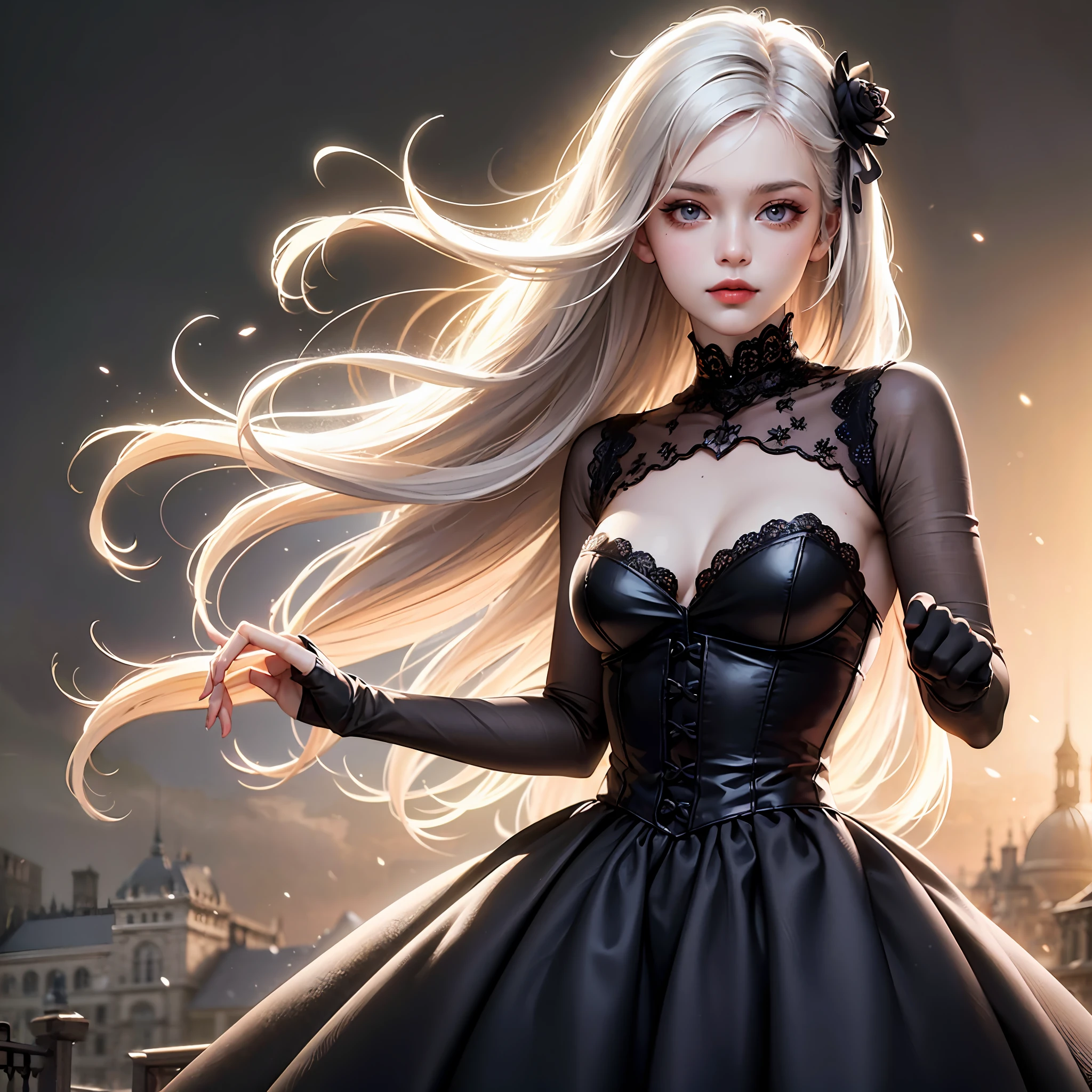 ((high quality)), ((masterpiece)), 8k, 1 girl, white skin, purple eyes, like a doll, mysterious smile, extremely detailed CG unity 8k wallpaper, light pink lips, looking at viewer, Victorian costume, long black dress, full body, high heels, aristocracy, short and bouncy white hair, small mole under left eye corner, romantic eyes, 19th century London, surrounded by ashes, realistic lighting, backlight, face lights, fine detailed eyes, detailed face, fine quality eyes, no smile, gloomy atmosphere