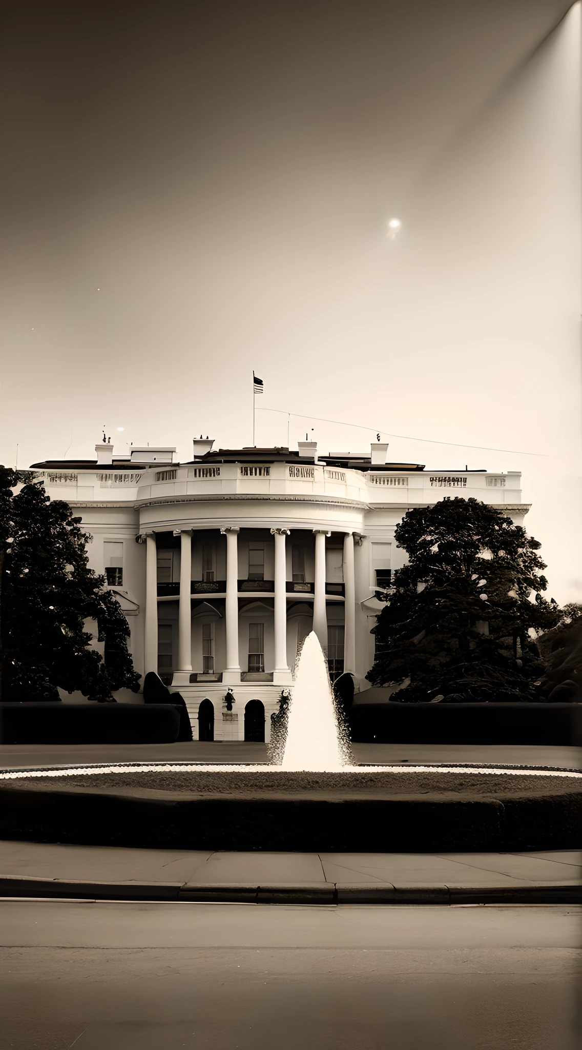 (masterpiece, UHD, photo-realistic, rich background:1.2), White House, Woodrow Wilson era, ornate building details, (illuminated by exterior lighting:1.2), a few windows aglow, (flickering light from a movie projector:1.3) in a private room, grand gardens, grandeur of early 20th century, old-world carriages in the driveway, grayscale, (old photograph texture:1.1), worn corners, faded ink, sepia undertones, quiet ambiance, side view, wide angle.