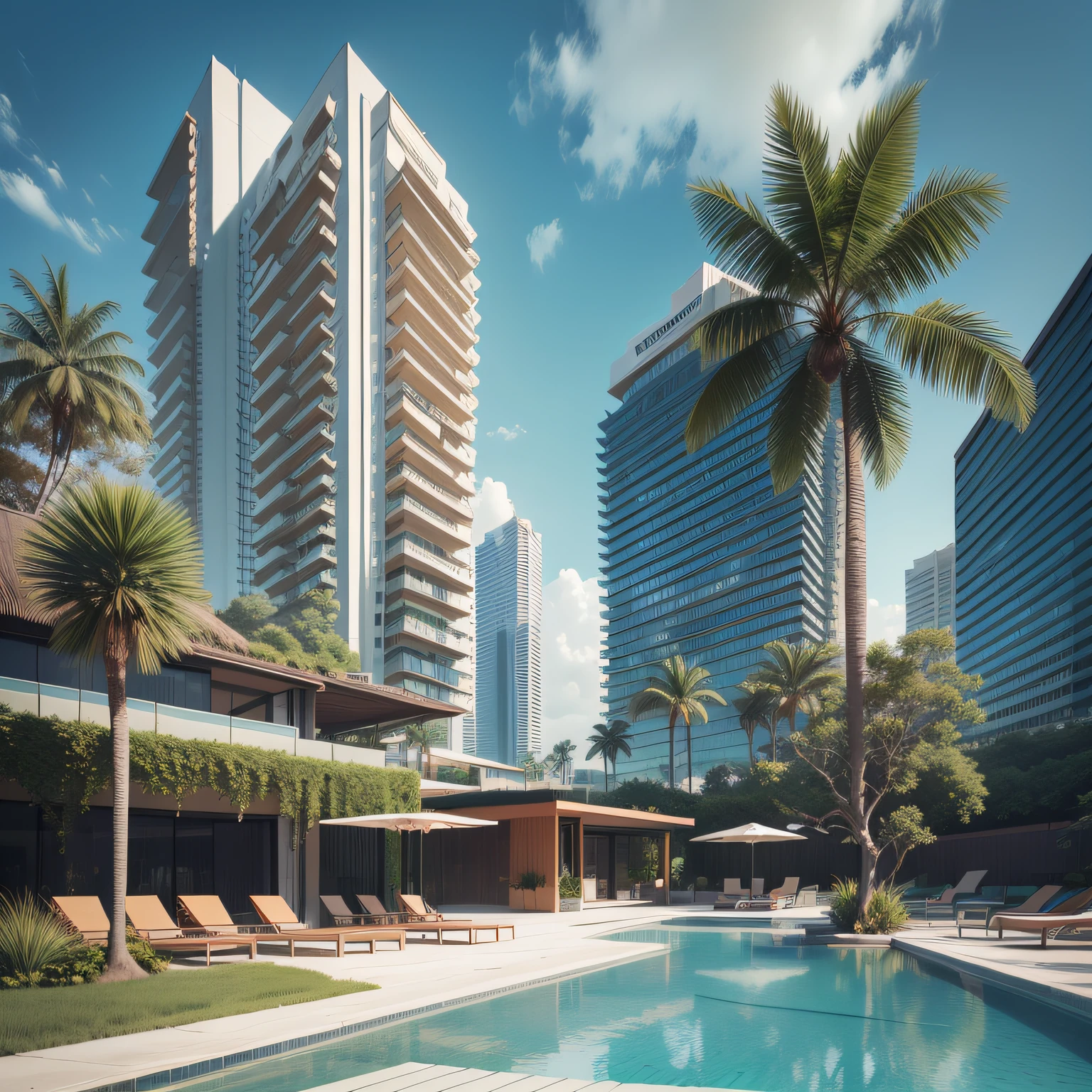 Grande hotel, Arquitetura futurista, building in the background, Building with grandevlawdo on the beach, Arquitetura moderna, grande piscina em frente ao hotel, restaurante interior com grandes fachadas em vidro, grandes candeeiros no interior, lots of vegetation around, hotel com 120 quartos, Arquitetura moderna, organic architecture, Geometria luxuosa, hiper-realista, Fantastic 8K architecture, UHD — AR 16: