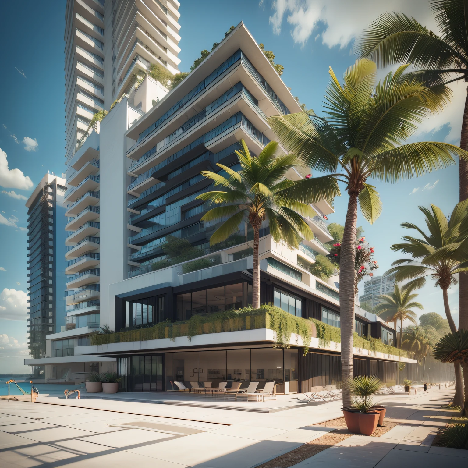 Grande hotel, Arquitetura futurista, building in the background, Building with grandevlawdo on the beach, Arquitetura moderna, grande piscina em frente ao hotel, restaurante interior com grandes fachadas em vidro, grandes candeeiros no interior, lots of vegetation around, hotel  com 120 quartos, Arquitetura moderna, organic architecture, Geometria luxuosa, hiper-realista, Fantastic 8K architecture, UHD — AR 16: