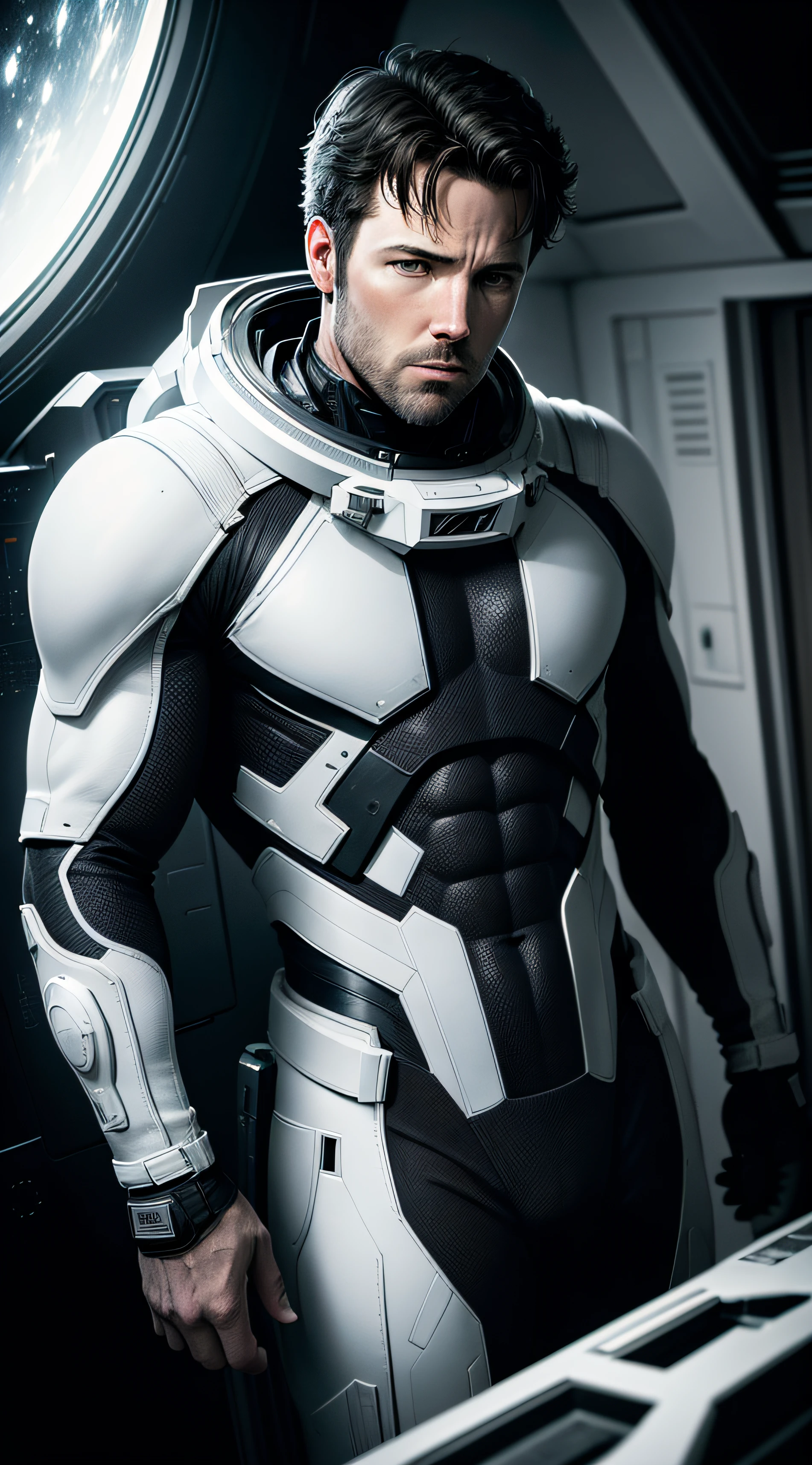 A white house, Ben Affleck in space, totally dark, over time, totally dark gray, no color, just black, gray and white, everything ultra realistic, an image of this man never seen, ultra realistic --auto