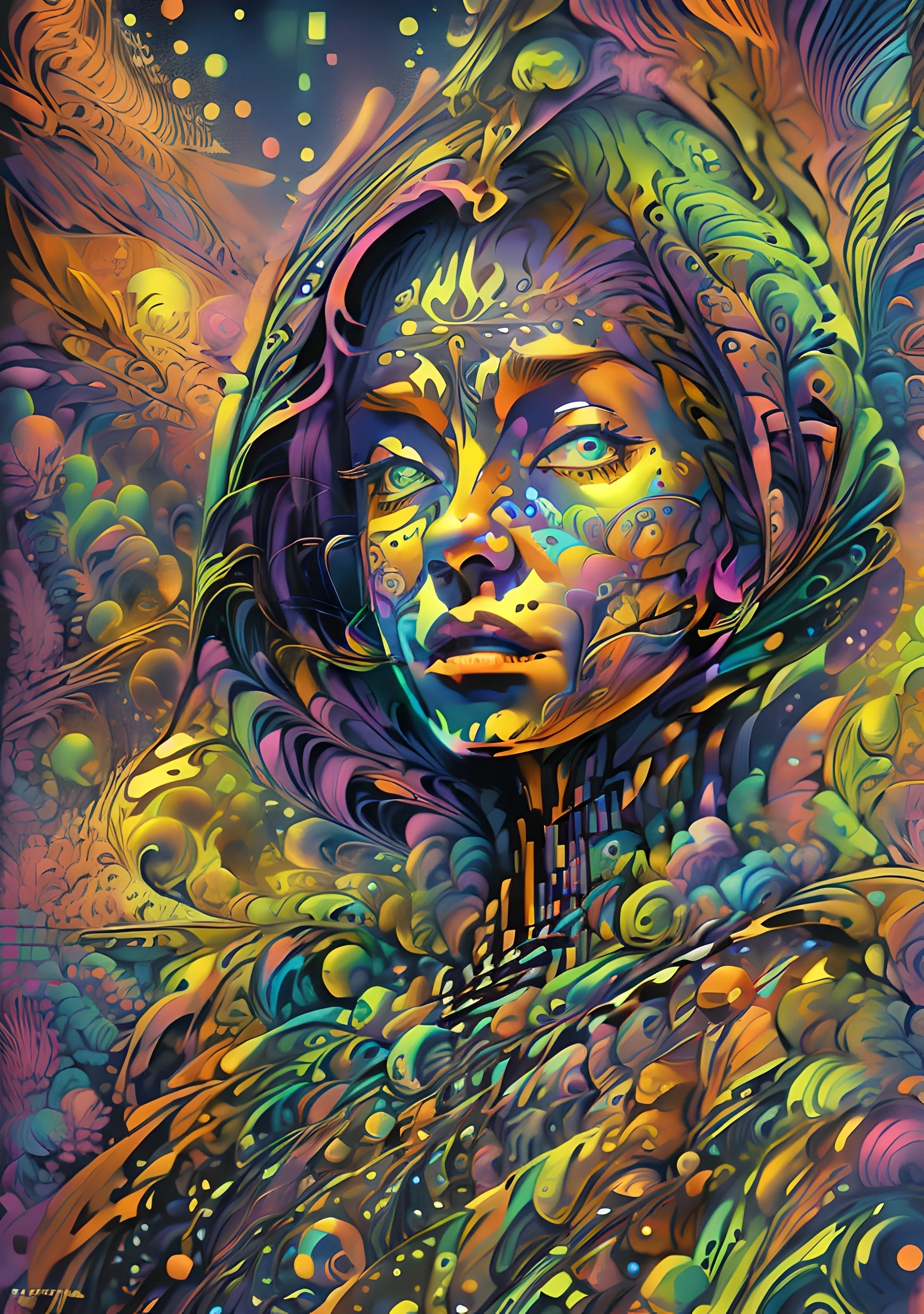 (High resolution, incredibly detailed, masterpiece), portrait of xenia ua, featuring fractal geometry in (vibrant colors:0.8), set against a (galactic background:1.2), bringing together complex, mesmerizing shapes and patterns.dmt .