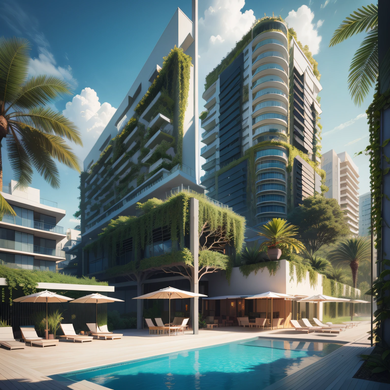 Grande hotel, Arquitetura futurista, building in the background, Building with grandevlawdo on the beach, Arquitetura moderna, grande piscina em frente ao hotel, restaurante interior com grandes fachadas em vidro, grandes candeeiros no interior, lots of vegetation around, hotel  com 120 quartos, Arquitetura moderna, organic architecture, Geometria luxuosa, hiper-realista, Fantastic 8K architecture, UHD — AR 16:
