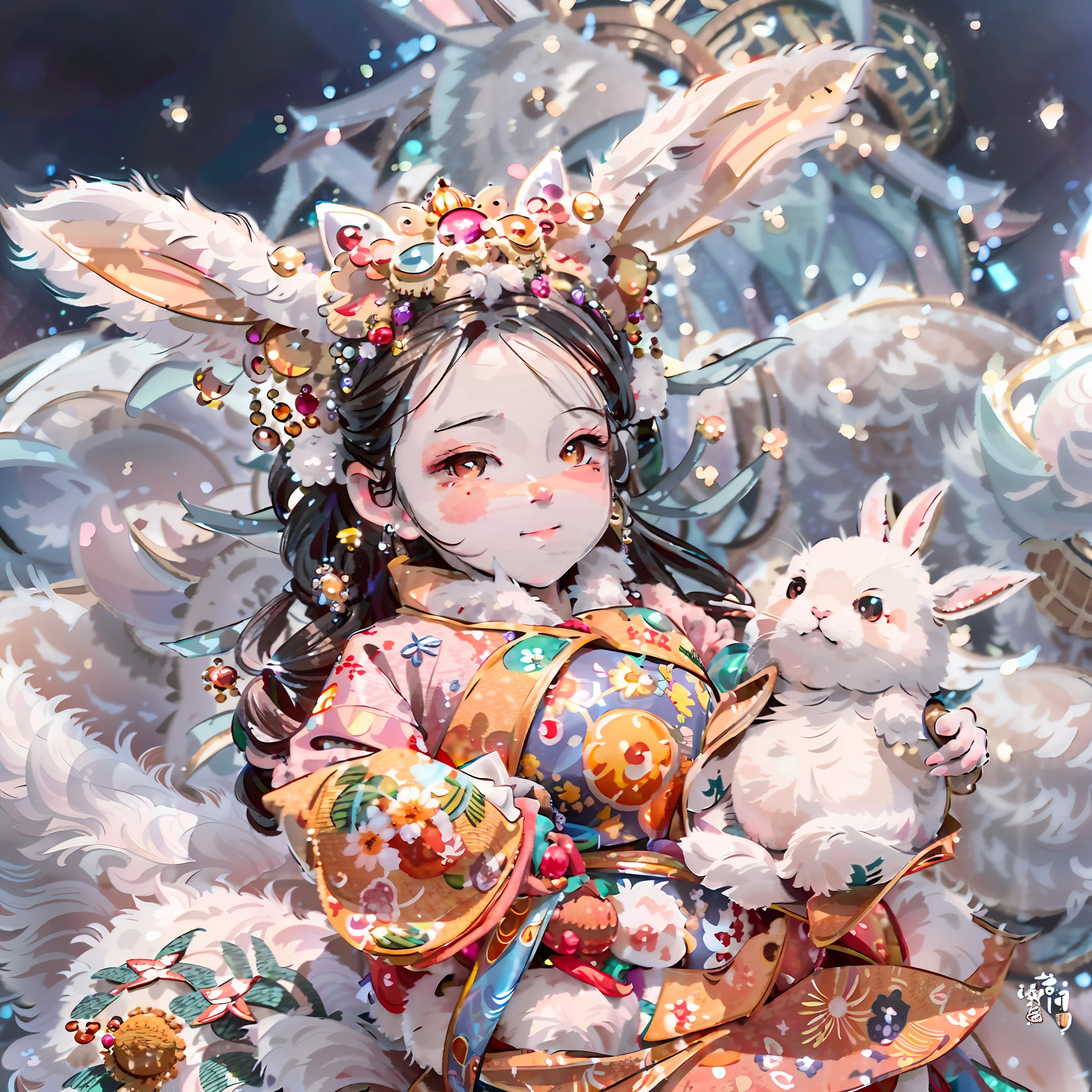 Chinese baby girl in Tang costume , There is a bunch of furry rabbit ears on the head,Lying in the arms of a big rabbit , Be surrounded by colorful auspicious clouds and stars , in the style of realistic and hyper detailed renderings , kawaii , zbrush , hyper - realistic oil , contour shadow . mother of pearl iridescent , Holographic white , Realism