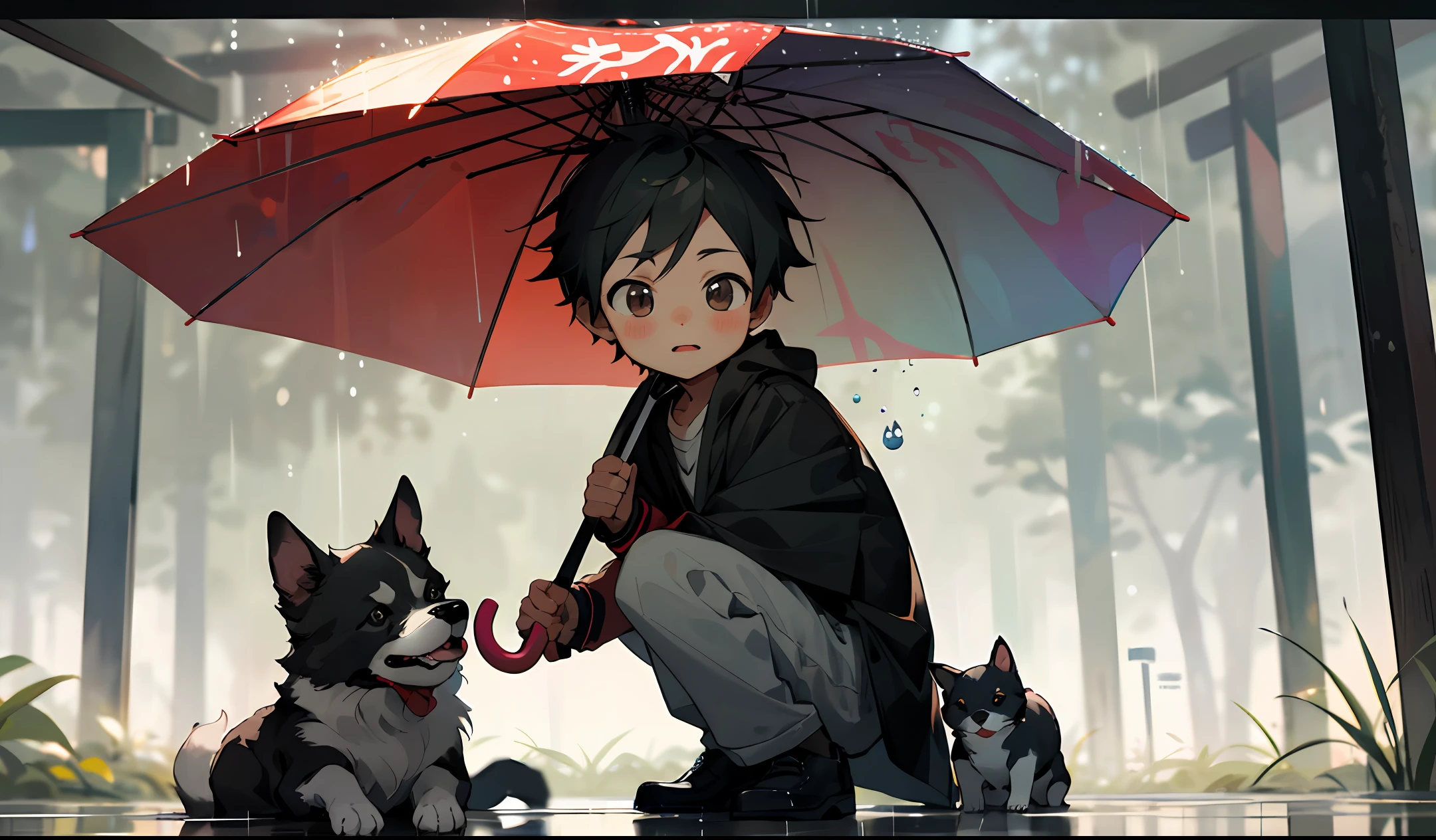 On a rainy day, a cute boy holds an umbrella for a cute puppy
