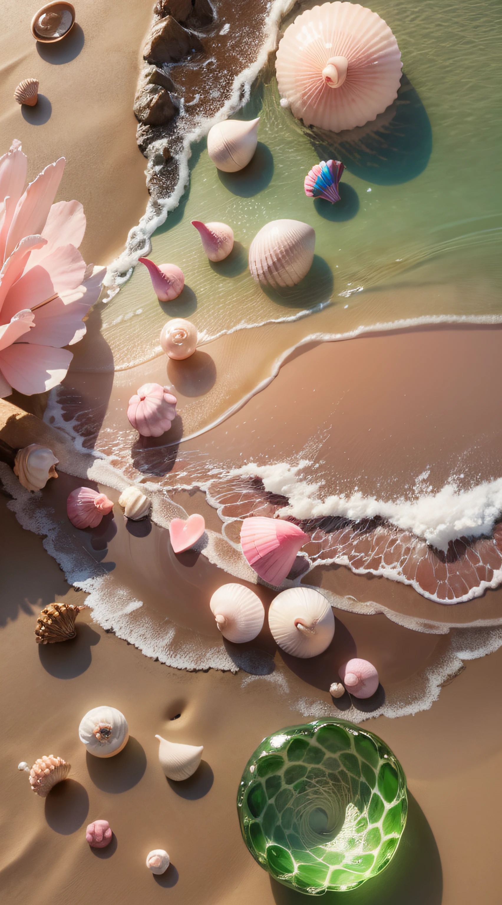 (8k, RAW photo, best quality, masterpiece: 1.2), (realistic, realistic: 1.37) There are many pink shells on the beach, there is water, pearl, pearl and shell, soft spill, pearlization, pink jellyfish everywhere, soft 3D rendering, ethereal bubbles, bubble landscape, Iray shader, soft pink, pink reflection, pearl sky, shells, paradise pink, pastel colors, pink pastels