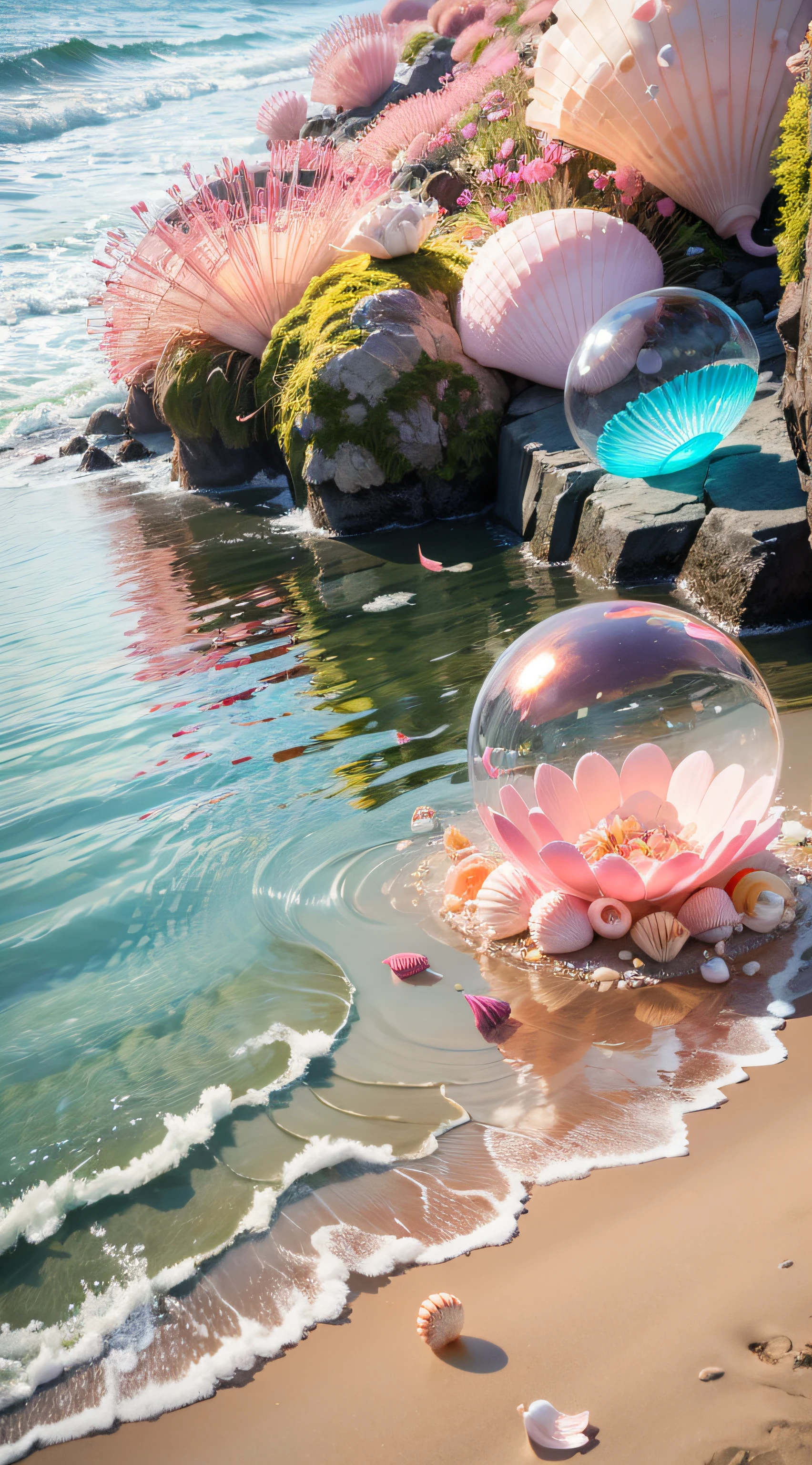 (8k, RAW photo, best quality, masterpiece: 1.2), (realistic, realistic: 1.37) There are many pink shells on the beach, there is water, pearl, pearl and shell, soft spill, pearlization, pink jellyfish everywhere, soft 3D rendering, ethereal bubbles, bubble landscape, Iray shader, soft pink, pink reflection, pearl sky, shells, paradise pink, pastel colors, pink pastels