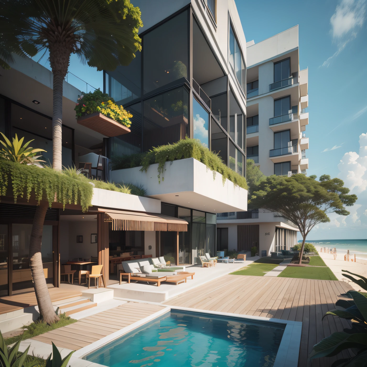 Grande hotel, Arquitetura futurista, building in the background, Building with grandevlawdo on the beach, Arquitetura moderna, grande piscina em frente ao hotel, restaurante interior com grandes fachadas em vidro, grandes candeeiros no interior, lots of vegetation around, hotel  com 120 quartos, Arquitetura moderna, organic architecture, Geometria luxuosa, hiper-realista, Fantastic 8K architecture, UHD — AR 16: