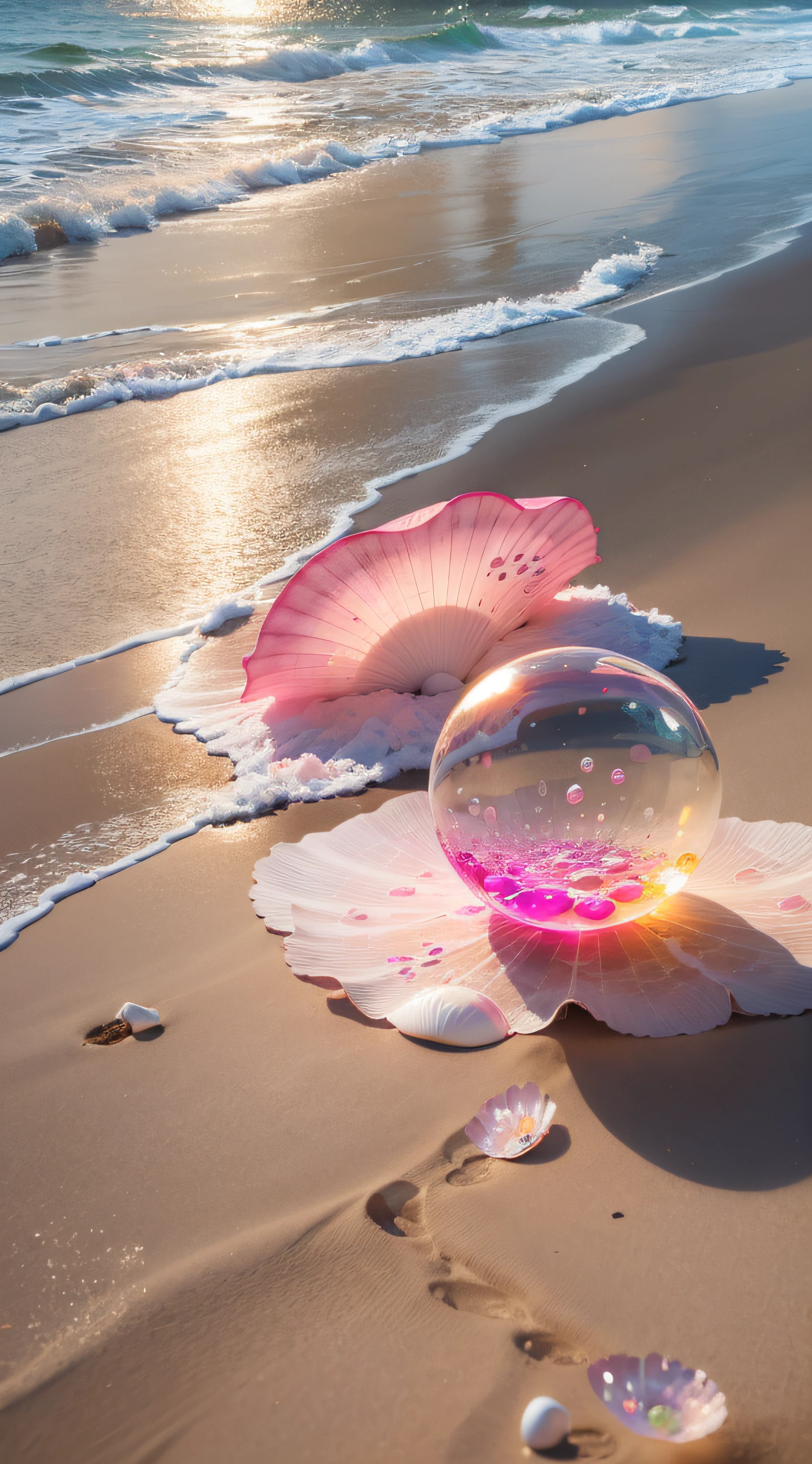 (8k, RAW photo, best quality, masterpiece: 1.2), (realistic, realistic: 1.37) There are many pink shells on the beach, there is water, pearl, pearl and shell, soft spill, pearlization, pink jellyfish everywhere, soft 3D rendering, ethereal bubbles, bubble landscape, Iray shader, soft pink, pink reflection, pearl sky, shells, paradise pink, pastel colors, pink pastels