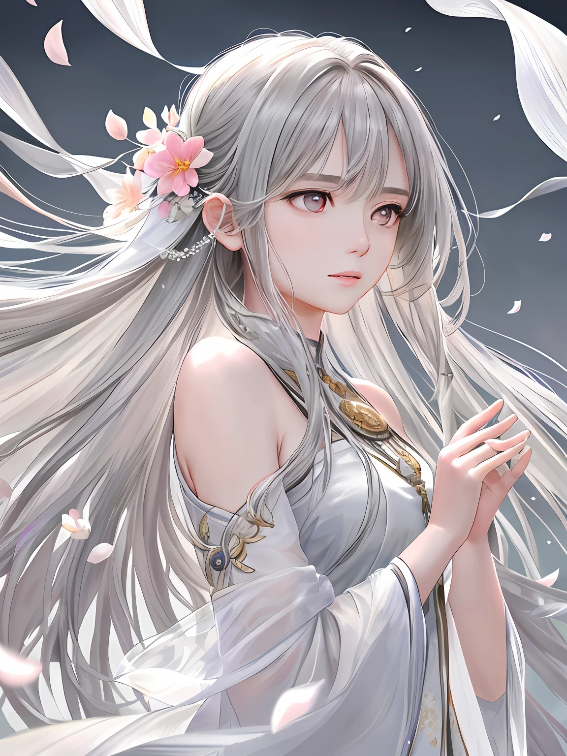 🎨Model: Kizuki - Anime / Hentai Checkpoint
🌸Prompts: (masterpiece, high resolution, realistic portrait:1.3), an anime woman with an ethereal presence, portraying a serene sisterly figure, (long silver-white hair:1.2), cascading down her back, (light pink lips:1.1), gentle and calm, bangs elegantly framing her face, (gray pupils:1.4), radiating a sense of wisdom, standing in a cold wind, (realistic portrayal:1.1), delicate petals dancing in the air, (flower background:1.2), adding a touch of beauty and fragility, (calm and rational expression:1.1), portraying her composed nature, (delicate and serene face:1.2), capturing her tranquility, mid-shot focusing on her delicate features, (subtle wind-blown strands of hair:1.1), (background music:1.2), evoking a sense of calmness and introspection.