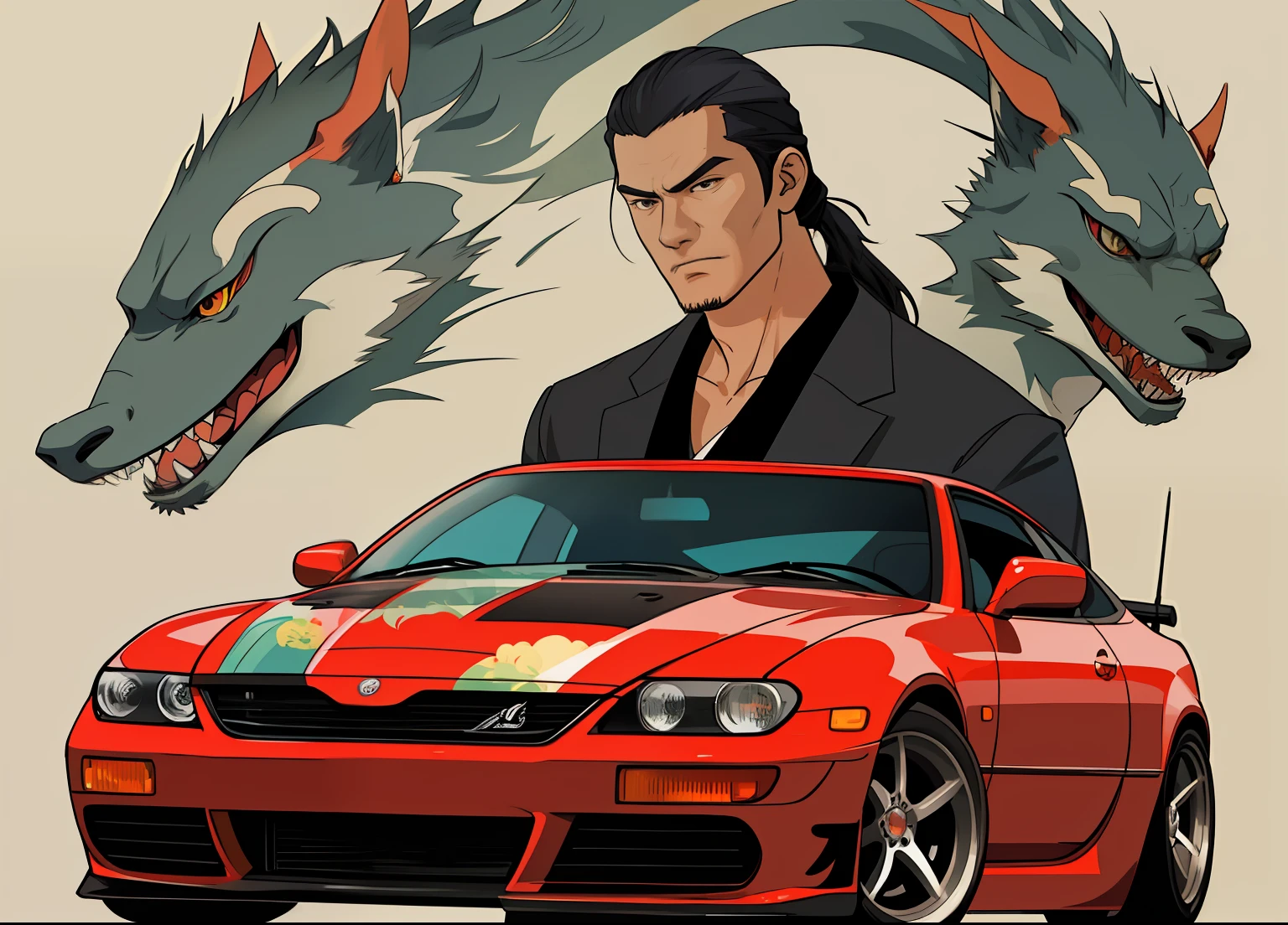 Five Yakuza, in suit, studio ghibli art style, (3f vector illustration), high detailed Body and anatomy, high detailed illustration, different poses, (front of the car), epic, male, perfect car, perfect face, Black, Samurai sword, ultra illustration, high detailed, 90s, epic cinematic, dangerous man, perfect anatomy body, perfect face line, photorealistic, digital art, hyperrealistic
