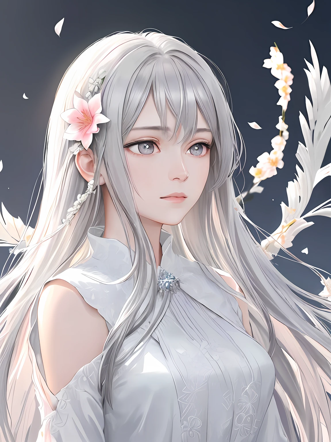 🎨Model: Kizuki - Anime / Hentai Checkpoint
🌸Prompts: (masterpiece, high resolution, realistic portrait:1.3), an anime woman with an ethereal presence, portraying a serene sisterly figure, (long silver-white hair:1.2), cascading down her back, (light pink lips:1.1), gentle and calm, bangs elegantly framing her face, (gray pupils:1.4), radiating a sense of wisdom, standing in a cold wind, (realistic portrayal:1.1), delicate petals dancing in the air, (flower background:1.2), adding a touch of beauty and fragility, (calm and rational expression:1.1), portraying her composed nature, (delicate and serene face:1.2), capturing her tranquility, mid-shot focusing on her delicate features, (subtle wind-blown strands of hair:1.1), (background music:1.2), evoking a sense of calmness and introspection.