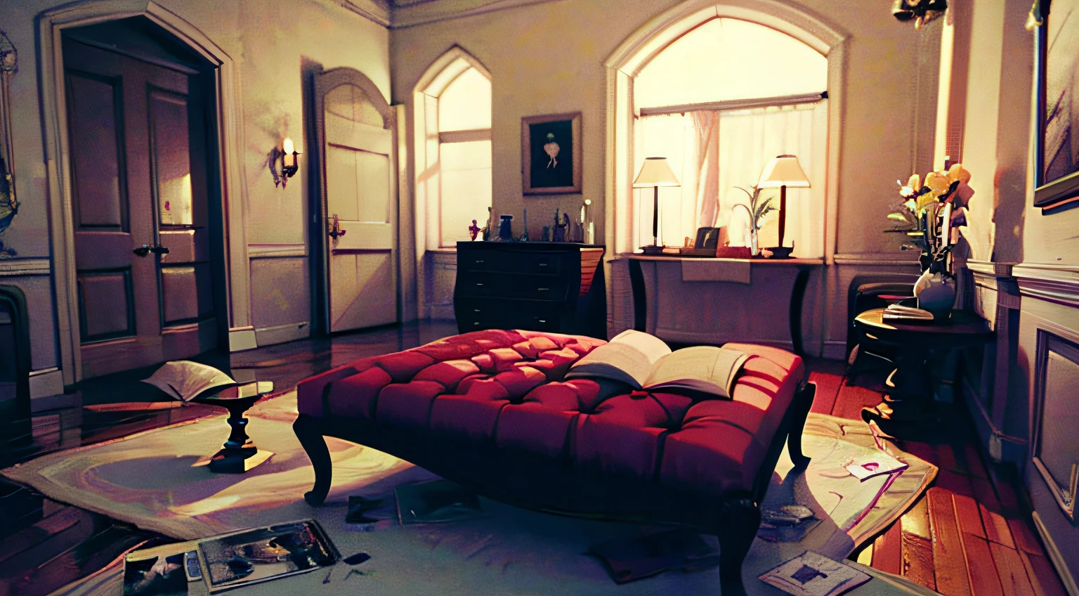 Scene in the style of HP Lovecraft, of a messy gothic drawing room --auto