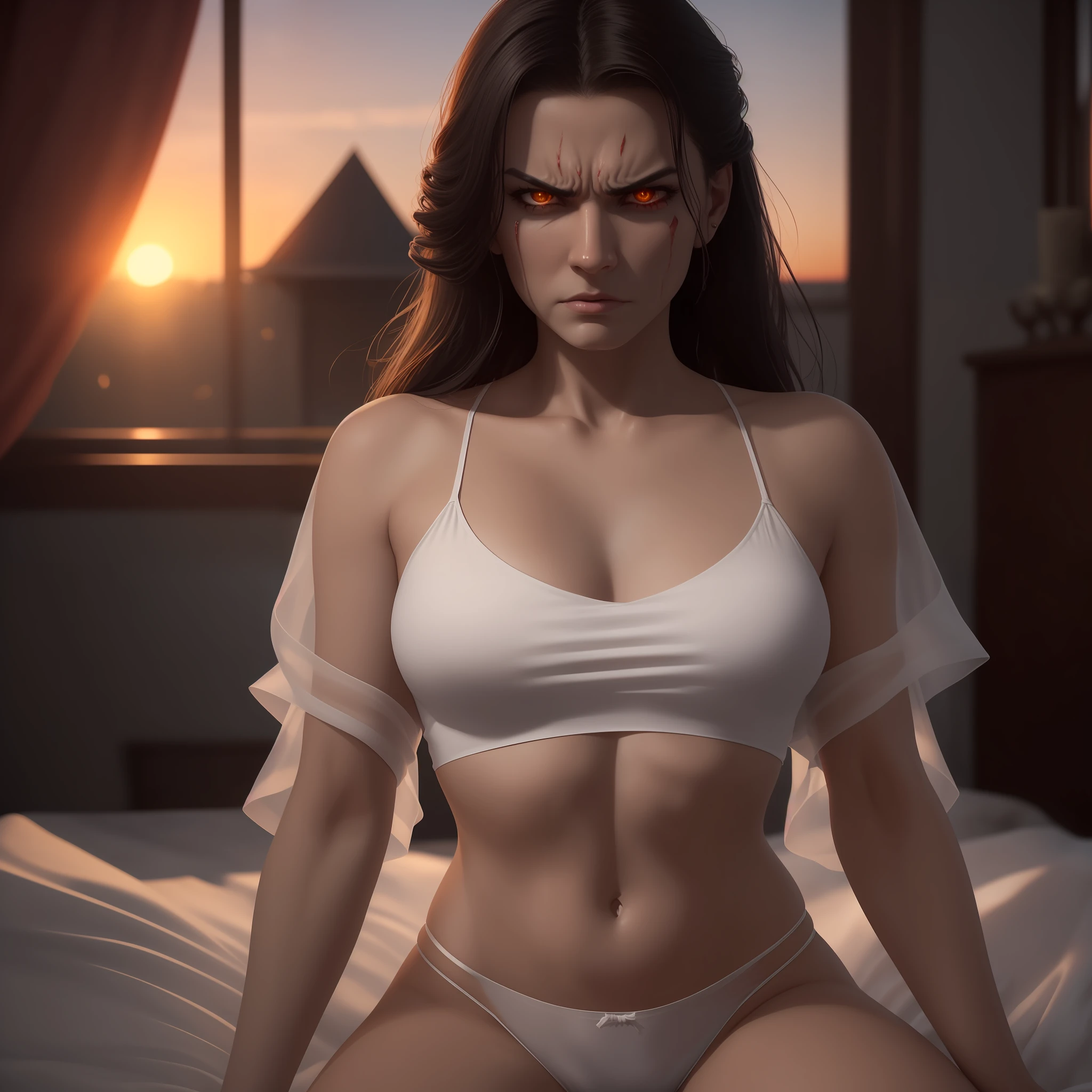 beautiful Latina woman, ((An expression of anger on his face)), Short white top, silk transparent panties,(white linen: 1,1),phantasy, (evil face), (grimm), evil look,hair light,glaring at the viewer, Sunset, filmstill, HDR,sexy figure, higly detailed,ray traced, Masterpiece,Global Illumination, 8k, --auto