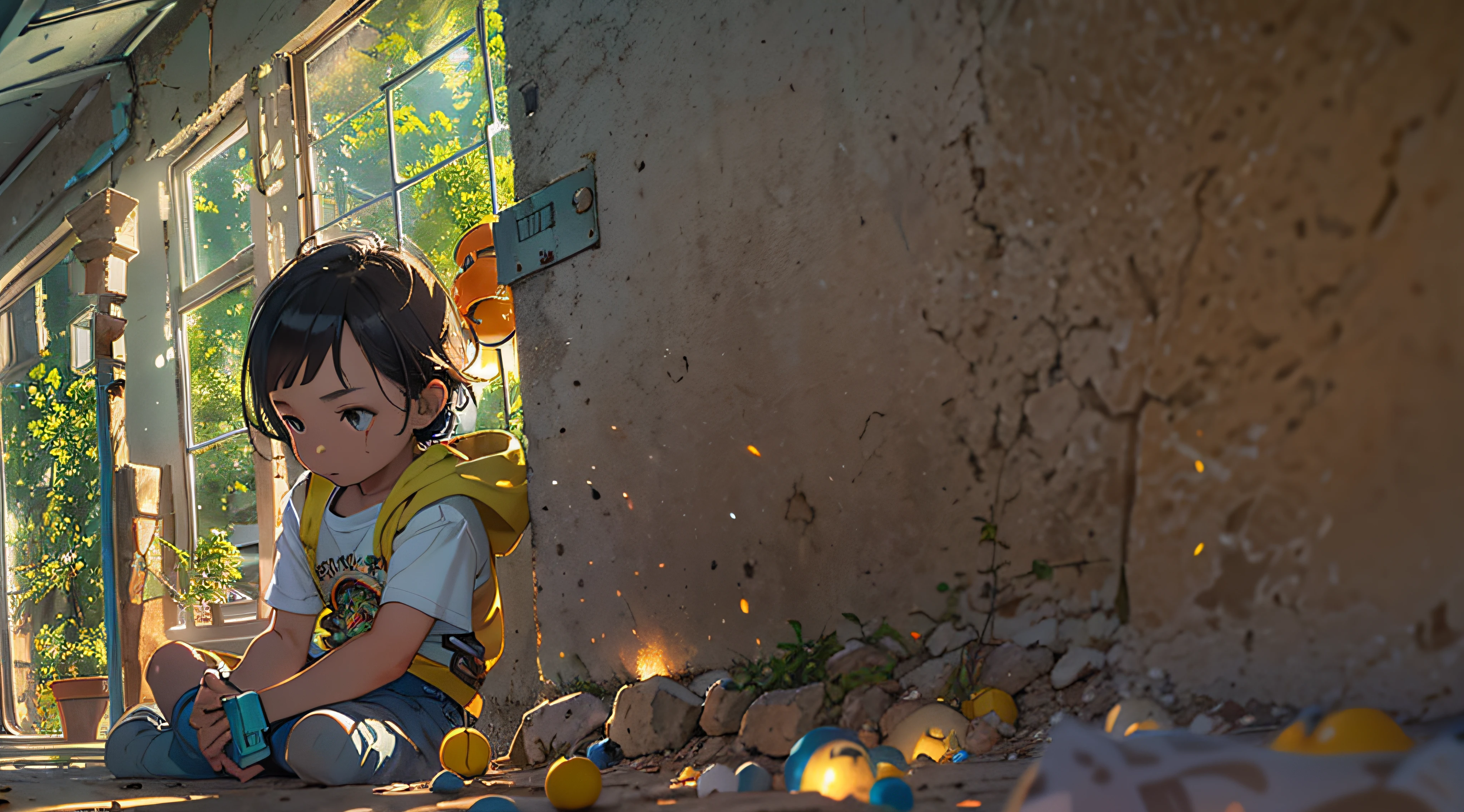 fotografia de um quarto, (an inside view that shows the sun through the window), a boy sitting on the floor looking at the toys, (sol: 1.2), (nuvens: 0.9), montanha distante , BREAK tree production art, (fonte de luz quente: 1.2), (Firefly: 1.2), lamp, muito roxo e laranja, detalhes complexos, volumetric lighting BREAK (obra-prima: 1.2), (melhor qualidade), 4k, ultradetalhado , (dynamic compositing: 1.4), detalhes coloridos altamente detalhados (cores iridescentes: 1.2), (bright illumination, Atmospheric Illumination), sonhador, magica, (solo: 1.2)