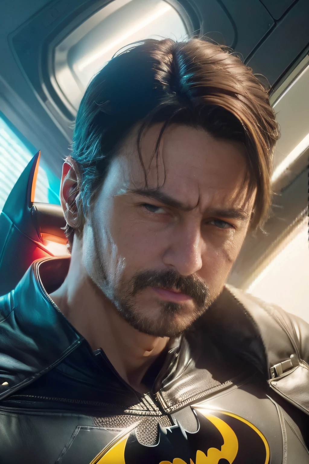 DC Comics, retrato (close up) man Batman, realisticamente, dynamic lights, filmagem completa, (papel de parede 8k extremamente detalhado da unidade CG), trending on ArtStation, trend at CGSociety, alto detalhe, foco nítido, dramatic, fotorrealista.