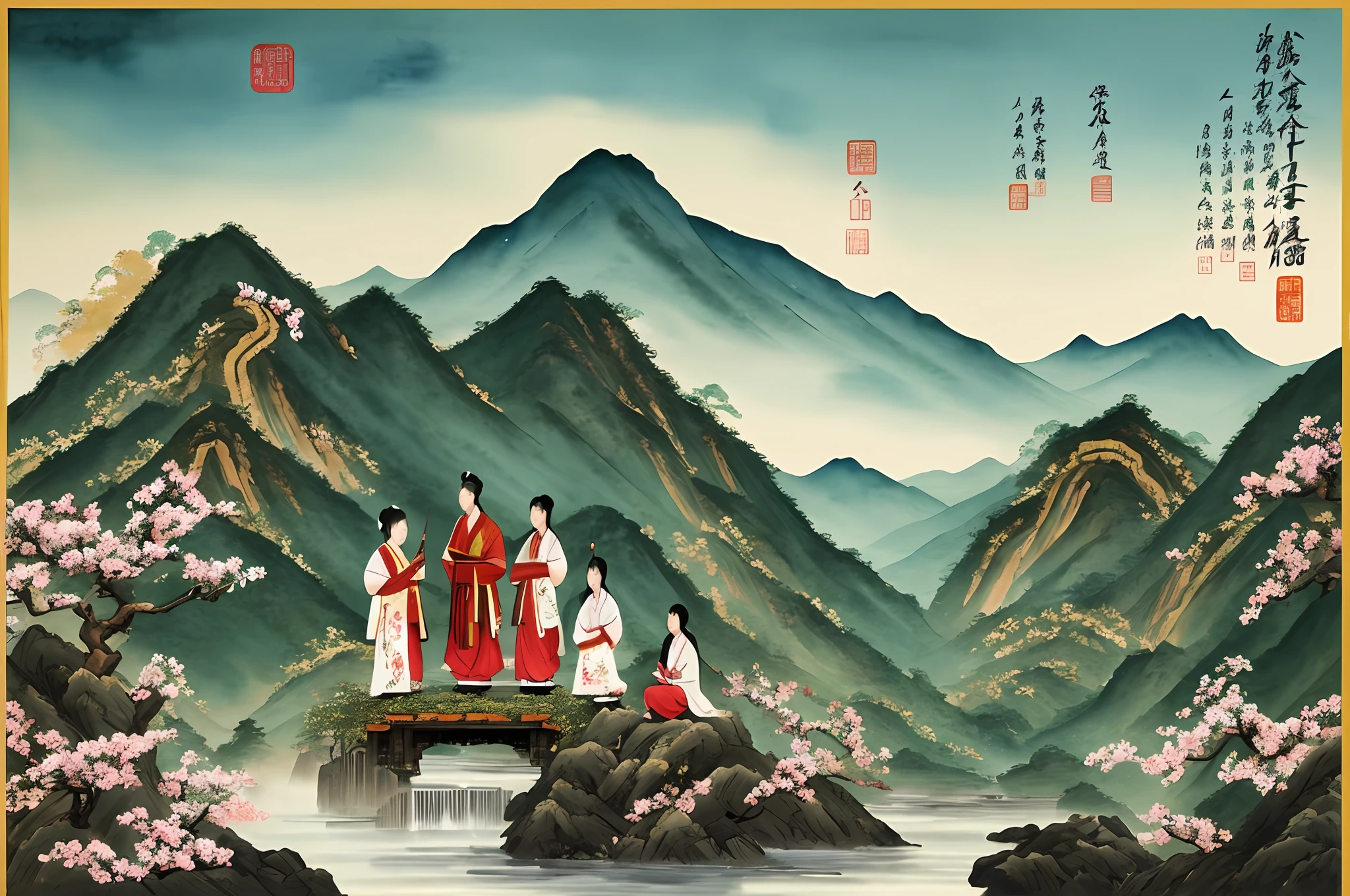 There is a painting,There is a bird flying over the mountain above, Inspired by Gansu, Chinese watercolor style, Chinese painting style, Chinese style painting, background-image, Clean background, fairy tale style background, Elegant color base!!!!!!!!!!, serene illustration, Chinese painting, Chinese ink painting, detailed scenic view,There are 5 people in the picture,1 person playing the guzheng,4 people watching the show,There are Gansu people,Tibetans,Hui
