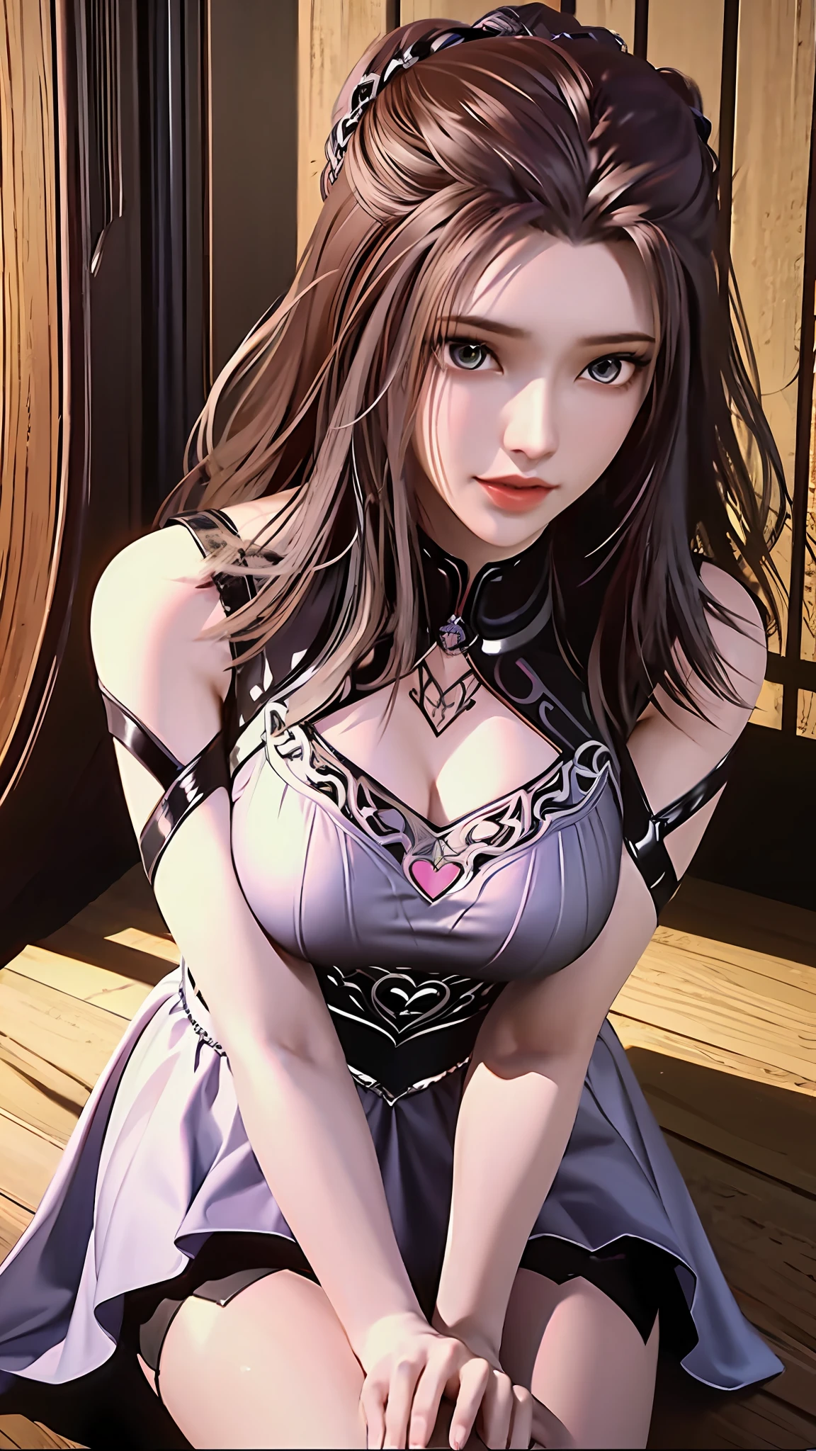 ((dark light,top-quality,8k,tmasterpiece:1.3)),(focal:1.2),(In China,Casual theme,inside in room:1.5),(Beauty with slender abs:1.4),((Layered Hair Style)),(White color blouse:1.6),(Short white lace skirt:1.3), Highly Detailed Face and Skin Textur, Whitens the skin, (full bodyesbian:1.4),white clothes,Sit on a solid wooden stool
