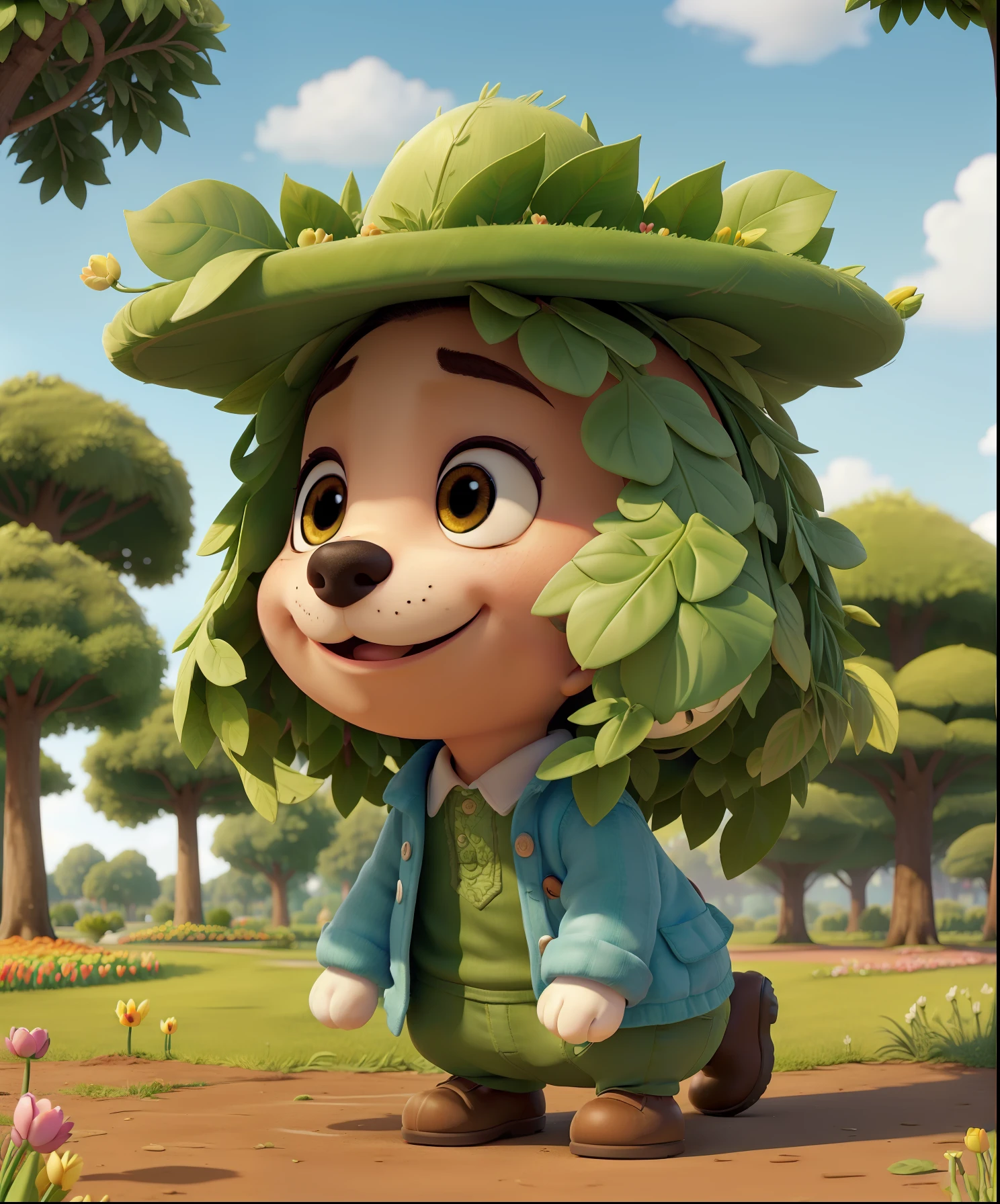 (Cute puppy:1.2), ssmile, Bushy smooth coat、personification, Mushroom cap on the head, rendered:(charicature:1.3,Production Movie, the pose:(Lively:1.2, amusing), modeled:(ultra-quality:1.2,8K,Orthographic view),tulips, blue-sky, for the background(A park full of greenery:1.1),｛Complex and ultra-detailed, Giuseppe Arcimboldo｝