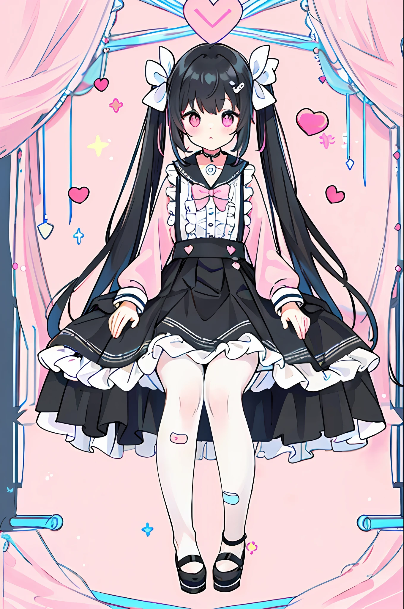 masterpiece, best quality, (jirai_kei),1girl, solo, long_hair, looking_at_viewer, shirt, black_hair, long_sleeves, bow, ribbon, twintails, sitting, monochrome, hair_bow, heart, pantyhose, frills, food, shoes, choker, blunt_bangs, black_skirt, pink_eyes, stuffed_toy, pink_background, stuffed_animal, frilled_skirt, pink_bow, (fishnets), candy, bandaid, pink_shirt, teddy_bear, lollipop, (fishnet_pantyhose), platform_footwear, pink_theme, pill, heart-shaped pupils,