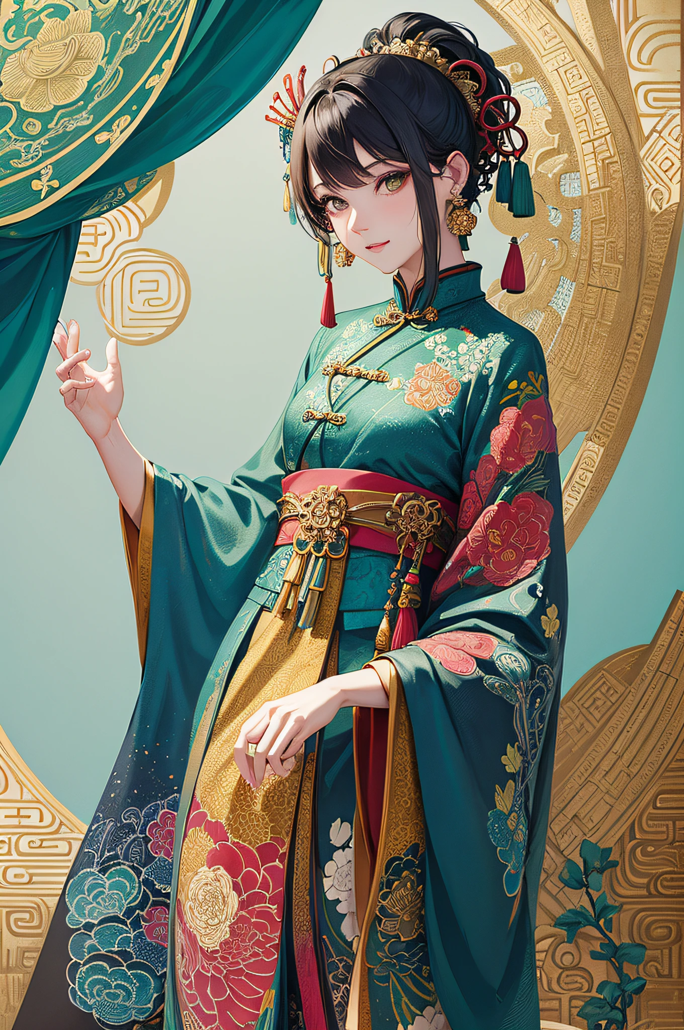 wearing green,gazing at the camera,Bust photo,Still holding the pipa half-covered,(tmasterpiece,top Quority,best qualtiy,offcial art,Beauty and aesthetics:1.2),(1girl:1.3),The is very detailed,(s fractal art:1.1),(a color:1.1)(blossoms:1.3),Most detailed,( zentangle:1.2),(chinese Traditional cloth:1.2), (shiny skin), (many colors:1.4), ,(earrings:1.4),