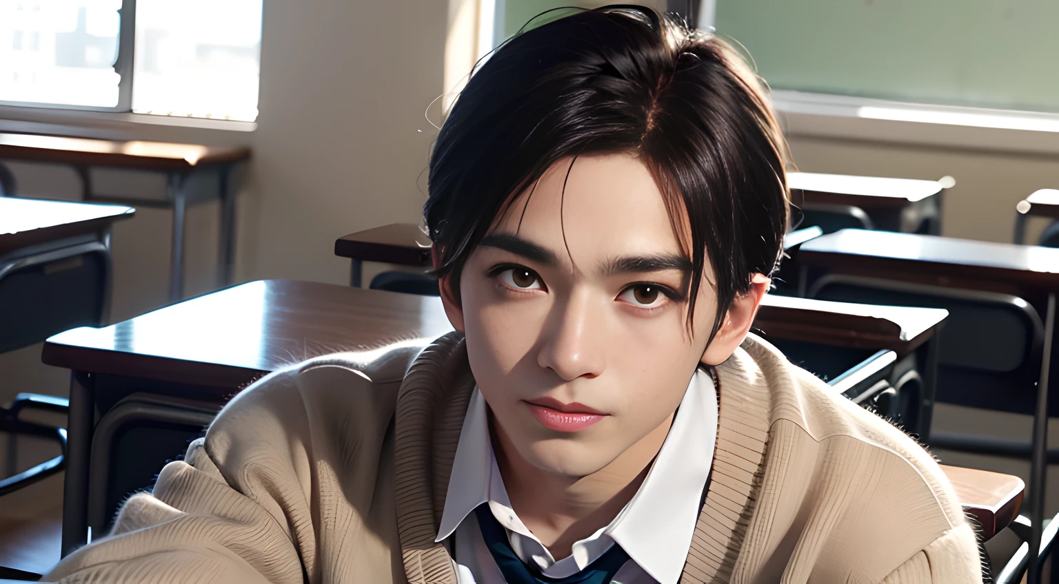 ((Man only)), (head shot), (American handsome muscular high school boy in high school classroom), He wears a cardigan and tie, Mischievous smile, (detaile: 1 in 1), Natural muscles, HIG quality, beautidful eyes, (Detailed face and eyes), (Face、: 1 / 2), Noise, Real Photographics、... ...............................................................PSD, Sharp Focus, High resolution 8K, realisitic & Professional Photography, 8K UHD, Soft lighting, High quality, Film grain, FujifilmXT3