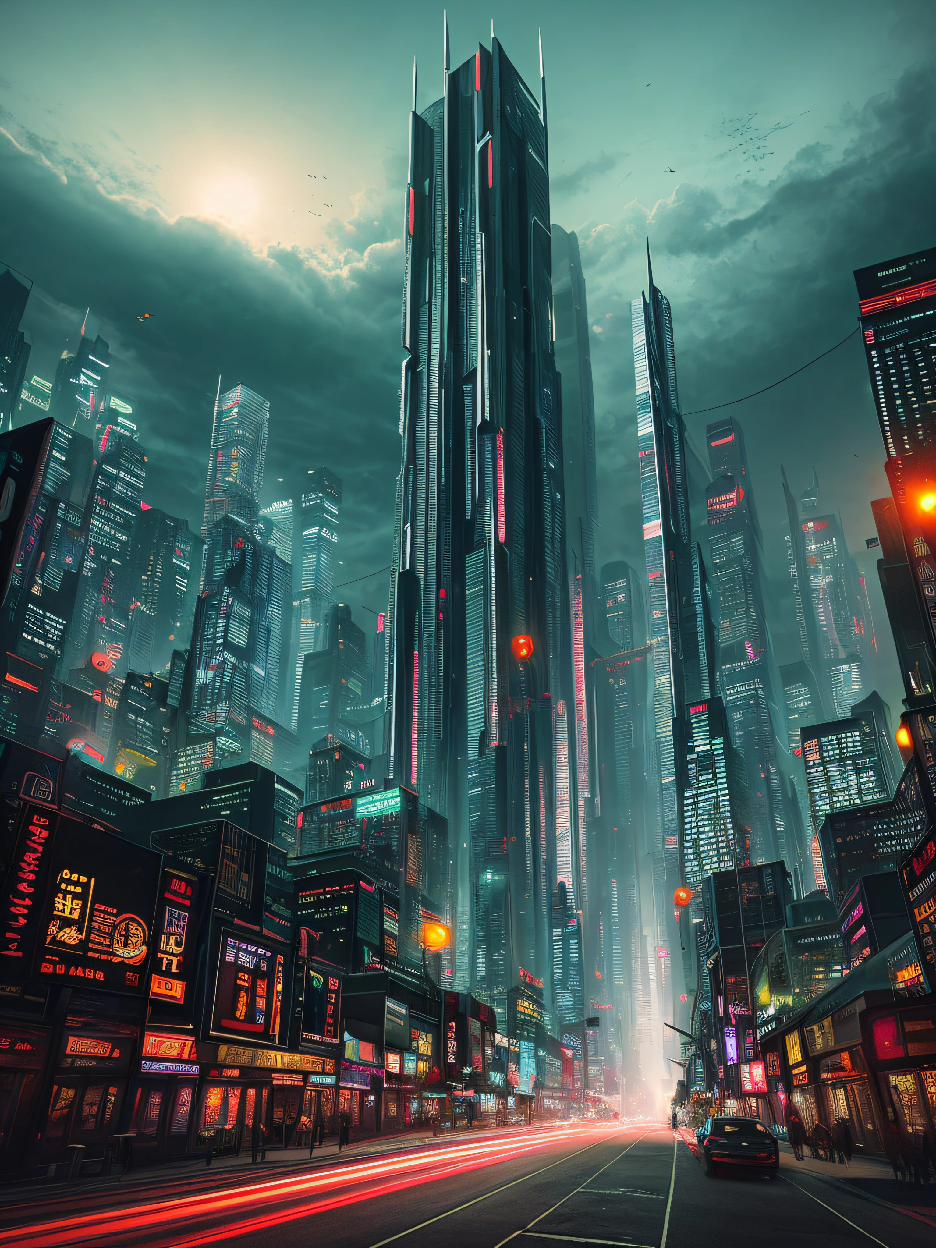 The painting depicts a surreal and futuristic landscape, A blend of awe-inspiring beauty and terror. The sky is deep, Pulsed red, The clouds seem to be alive，On the move. In the distance, Great city view view, towering skyscrapers, Neon lights, and a row of buildings. The city is illuminated by various colors and displays, Adds an overall feeling of awe and wonder.

Sin embargo, There is also a sense of horror in the picture. Buildings and structures appear to be in a state of decay and disrepair, Broken windows, Missing parts, and cracked facades. The city is vibrant, But there is a sense of confusion and unease, It seems that something is wrong.

In the foreground, There is a huge one, Sentient beings, With a distorted and inhuman appearance. Presence consists of wires, circuit, and mechanical parts, It seems to be coming out of the ground, As if rising from the depths of the earth. Its eyes glow with an intense, Red light, Its mouth opened, Rows of sharp sharpness are revealed, Metal teeth.

The background is shrouded in darkness, Only a few, Dim lights are visible in the distance. There is a sense of the unknown and uncertainty, As if the world beyond the cityscape is vast and wild.

The painting captures the essence of a surreal and futuristic world, A blend of awe-inspiring beauty and terror. The images are visually stunning, It shows the world in new and unusual eyes, A mix of the familiar and the unknown.

High detail RAW color art, animation, Cartoon, (white theme), (intricately details, Fine details, ultra - detailed), Ray traching, Subsurface scattering, ((pastel colour)), diffused soft lighting, Shallow depth of field, By (Oliver Wetter), author：Stanley Kubrick, shot on a Canon EOS R5, 28mm lens, f/2.8, Sharp focus bokeh