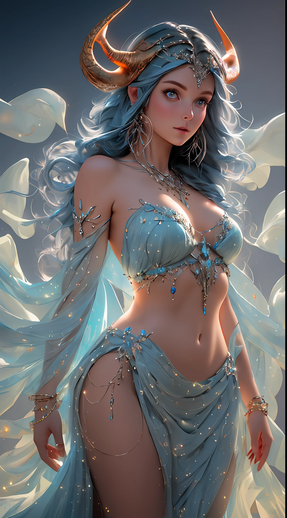 Blue-haired girl，There are dragon horns on the head，White hair and glowing lights in a blue dress，Waves in the background，The skin is translucent，Clothes translucent，beautiful digital artworks，Fantasize with gorgeous lights，gorgeous digital art，stunning digital illustration，digital fantasy art），3 D rendered character art 8 K，a stunning young ethereal figure，Highly detailed digital art in 4K，of ethereal fantasy，Very Beautiful Digital Art，beautiful digital art，fantasy digital art， digital fantasy art