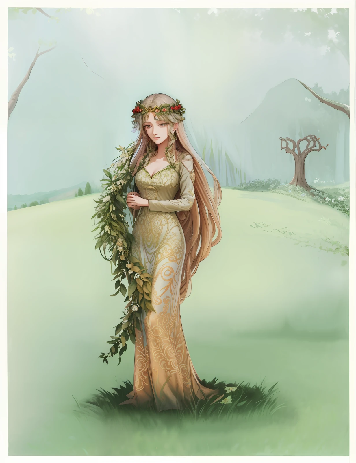 a drawing,A woman with long hair stands in the field, goddess of nature, wearing a dress made of vines, persephone in spring, goddess of nature, the greek goddess aphrotite, Earth goddess mythology, full figured mother earth, Dryad, mother nature, the non-binary deity of spring, Persephone, druid goddess, queen of nature