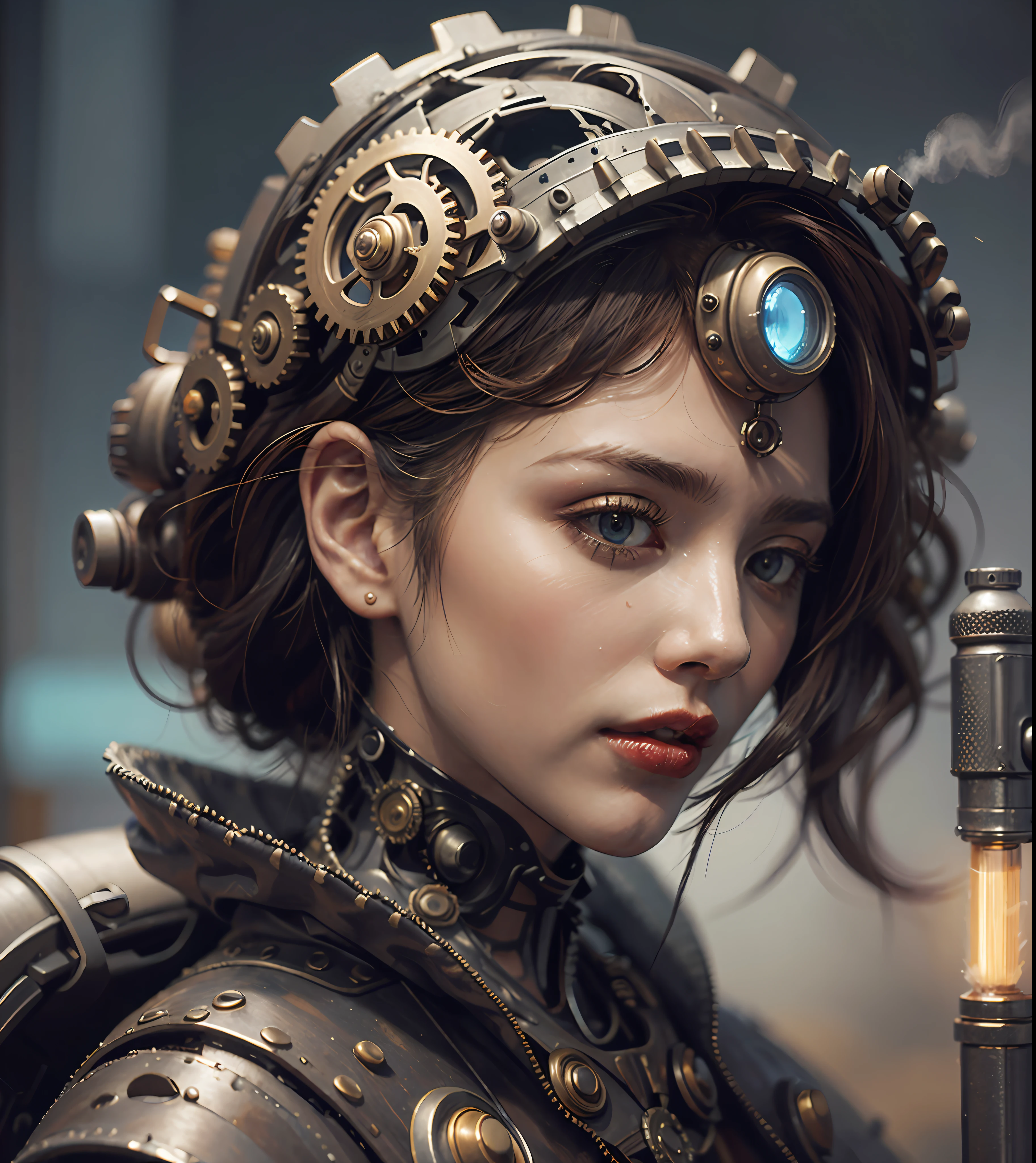 There's a woman with gears attached to her head with steam, Portrait of a mechanical woman, Arte digital 4K realista, Arte digital 4K realista, Wojtek FUS, Arte digital altamente detalhada em 4k, Cyber Steampunk 8K 3D, arte steampunk digital, Arte digital realista 8k, Arte digital detalhada em 4k, Arte cyberpunk 8K ultrarrealista, arte conceitual ultra realista,