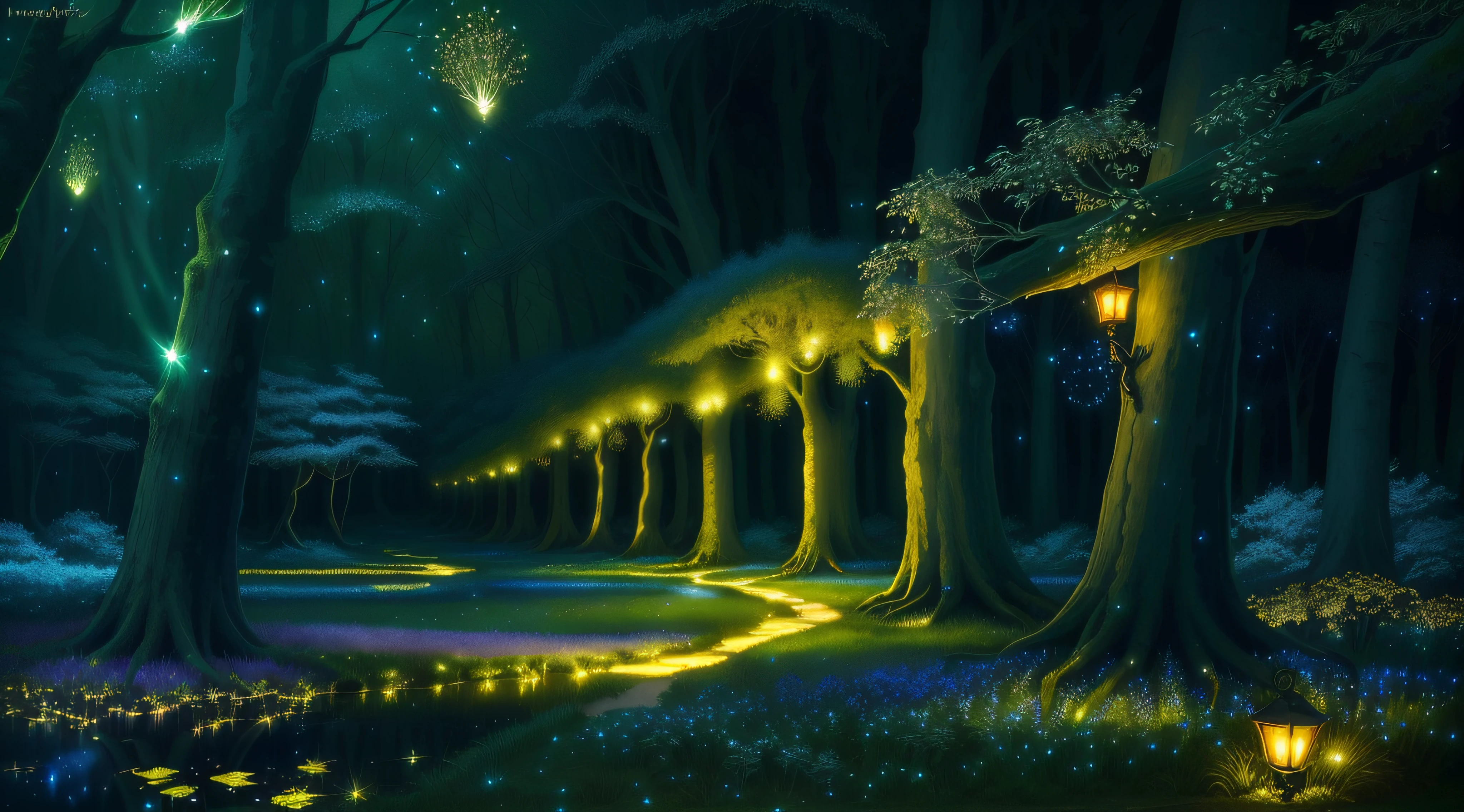 There are many trees that are lit up in the dark, magical forest with fireflies, Firefly forest at night, magic fantasy forest, entre maravilhosos vaga-lumes dourados, enchanted magical fantasy forest, magical forest, vagalumes brilhantes, fireflies and sparkling wisps, floresta brilhante, magical atmosphere, magical forest in the background, magical forest backround, vaga-lumes noturnos aconchegantes