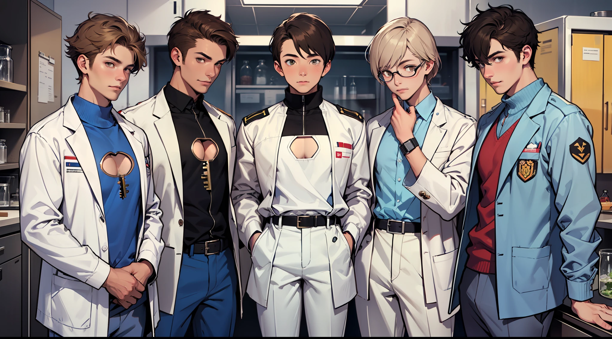 (high-quality image), a dashing young adult ((scientist)) with (military short brown hair), (hazel eyes), wearing a (crisp white shirt), (blue pants), and a (lab coat) that perfectly accents his (long-sleeved) style. The icing on the cake is the charming little (((keyhole cutout shirt))) adding just the right touch of whimsy to the ensemble.