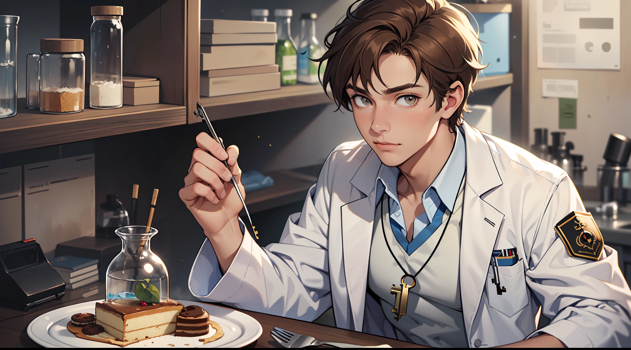 (high-quality image), a dashing young adult ((scientist)) with (military short brown hair), (hazel eyes), wearing a (crisp white shirt), (blue pants), and a (lab coat) that perfectly accents his (long-sleeved) style. The icing on the cake is the charming little (((keyhole cutout shirt))) adding just the right touch of whimsy to the ensemble.